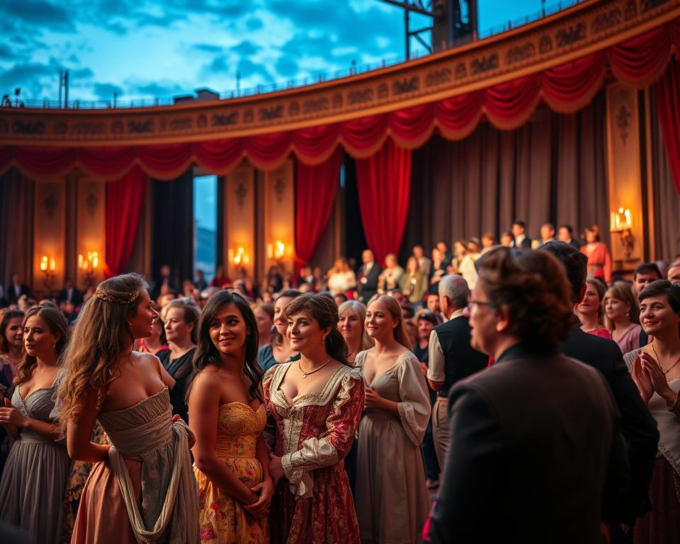 A vibrant festival scene captures a lively performance on the main stage of the Shakespeare Festival in Gdańsk. In the foreground, a diverse group of actors in elegant, period-inspired costumes are dramatically engaged in performance, conveying various emotions. The middle ground showcases an audience of captivated spectators, with visible excitement and awe, some clapping and others smiling. The background features an ornate stage with rich curtains and stage lights illuminating the scene in warm hues, suggesting a magical evening atmosphere. The image is captured from a slightly angled perspective, emphasizing the grandeur of the stage and the emotional expressions of both performers and audience members. Soft ambient lighting enhances the festive mood, while the scenic backdrop hints at an enchanting Gdańsk skyline. A vibrant festival scene captures a lively performance on the main stage of the Shakespeare Festival in Gdańsk. In the foreground, a diverse group of actors in elegant, period-inspired costumes are dramatically engaged in performance, conveying various emotions. The middle ground showcases an audience of captivated spectators, with visible excitement and awe, some clapping and others smiling. The background features an ornate stage with rich curtains and stage lights illuminating the scene in warm hues, suggesting a magical evening atmosphere. The image is captured from a slightly angled perspective, emphasizing the grandeur of the stage and the emotional expressions of both performers and audience members. Soft ambient lighting enhances the festive mood, while the scenic backdrop hints at an enchanting Gdańsk skyline.