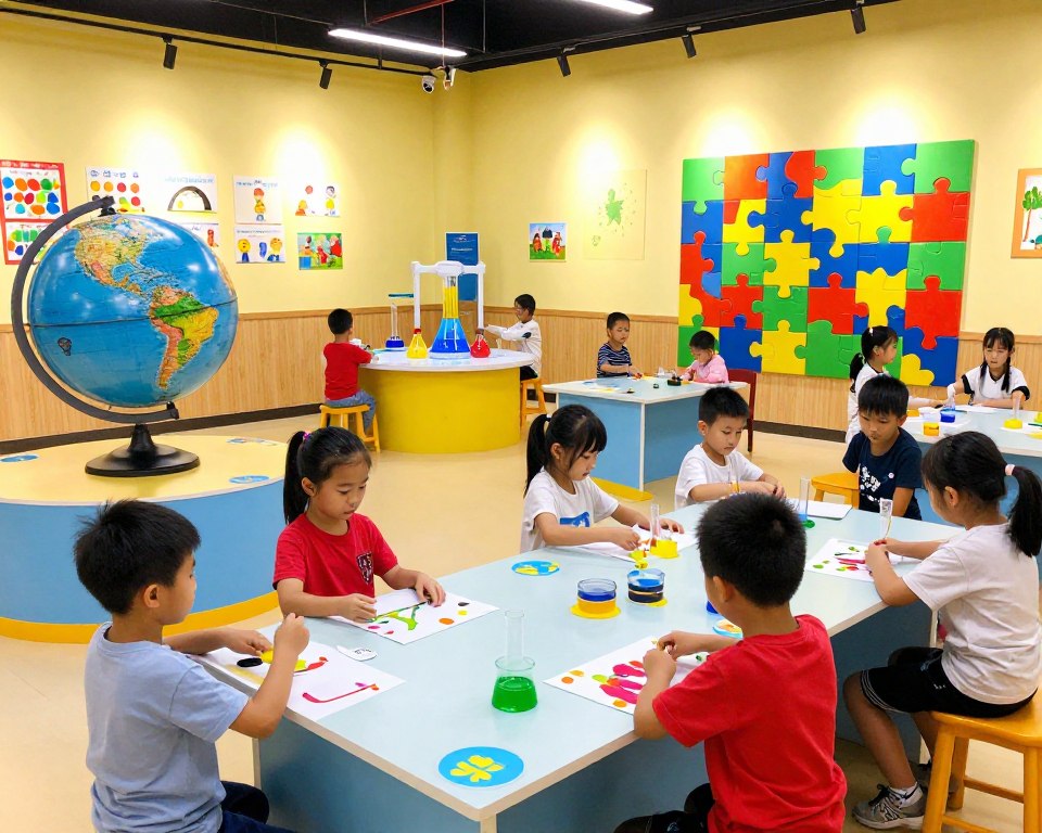 A vibrant indoor educational attraction designed for children, filled with colorful interactive exhibits that promote learning through play. In the foreground, a group of diverse children, dressed in casual clothing, joyfully engaging with hands-on science experiments and art activities. In the middle ground, playful educational displays featuring interactive elements like a giant globe, a chemistry station with colorful fluids, and a large puzzle wall. The background should showcase an inviting, well-lit space with bright walls adorned with educational posters and children's artwork, seen under warm artificial lighting. The atmosphere is cheerful and inspiring, capturing the essence of fun learning experiences. The image should be a wide-angle shot that conveys depth and engagement, emphasizing the joy and curiosity of children in an educational environment. A vibrant indoor educational attraction designed for children, filled with colorful interactive exhibits that promote learning through play. In the foreground, a group of diverse children, dressed in casual clothing, joyfully engaging with hands-on science experiments and art activities. In the middle ground, playful educational displays featuring interactive elements like a giant globe, a chemistry station with colorful fluids, and a large puzzle wall. The background should showcase an inviting, well-lit space with bright walls adorned with educational posters and children's artwork, seen under warm artificial lighting. The atmosphere is cheerful and inspiring, capturing the essence of fun learning experiences. The image should be a wide-angle shot that conveys depth and engagement, emphasizing the joy and curiosity of children in an educational environment.