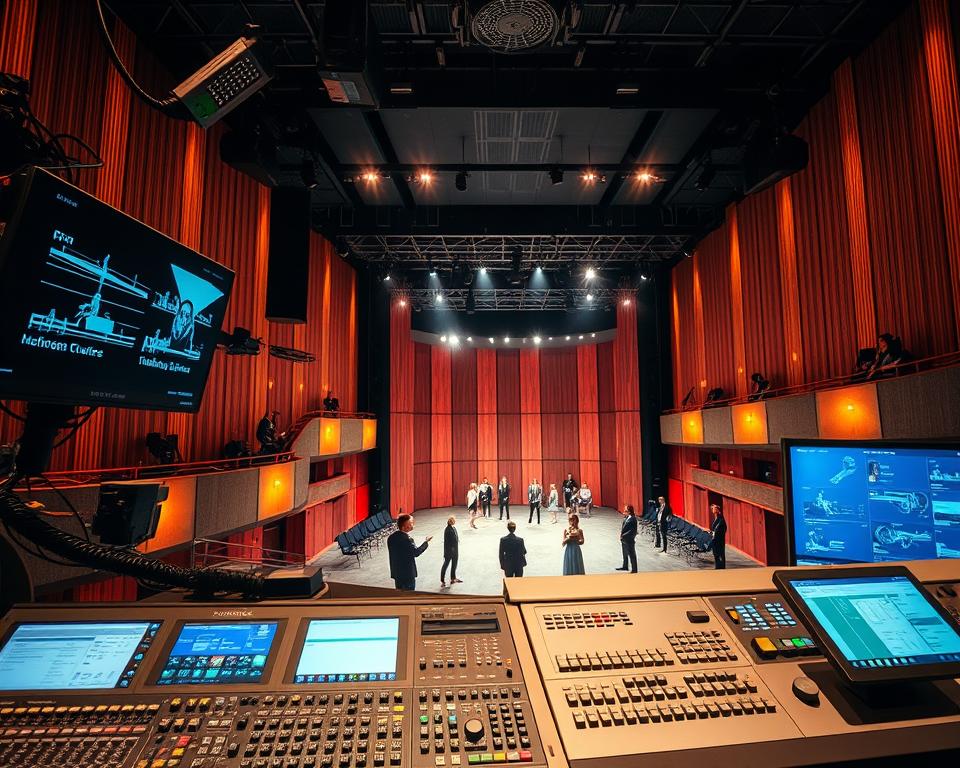 A vibrant, innovative scene depicting the interior of the Shakespeare Theatre in Gdańsk, showcasing cutting-edge technical solutions. In the foreground, a sophisticated automation system controls stage lighting and sound, featuring high-tech equipment and digital displays. In the middle ground, actors in professional attire are engaged in a rehearsal on a modern stage with a retractable roof, surrounded by dynamic light effects and advanced projection technology. The background reveals the theatre's stunning architecture, merging traditional elements with contemporary design. Soft, warm lighting creates an inviting atmosphere, enhancing the creative energy of the space. The angle captures the depth of the theatre, emphasizing both the stage and audience area, with an aura of innovation and artistic collaboration.