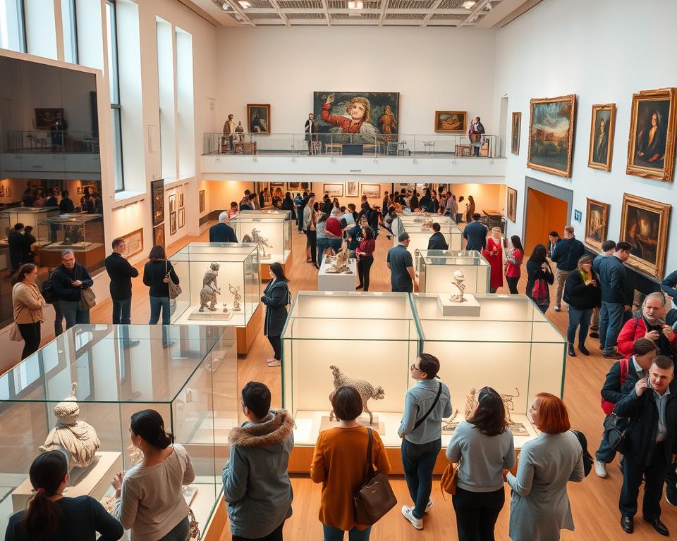A vibrant interior scene of a museum showcasing a combination of permanent exhibitions and temporary displays. In the foreground, diverse visitors of various ages and backgrounds in professional and modest casual attire are engaging with interactive art installations and observing framed paintings. The middle ground features elegant display cases containing intricate artifacts, sculptures, and art pieces, illuminated by soft, natural lighting from large windows. The background showcases a warm, inviting atmosphere with high ceilings, contemporary design elements, and paintings hanging on crisp white walls. The overall mood conveys a sense of curiosity and admiration, inviting viewers to explore the rich cultural heritage represented within the museum.