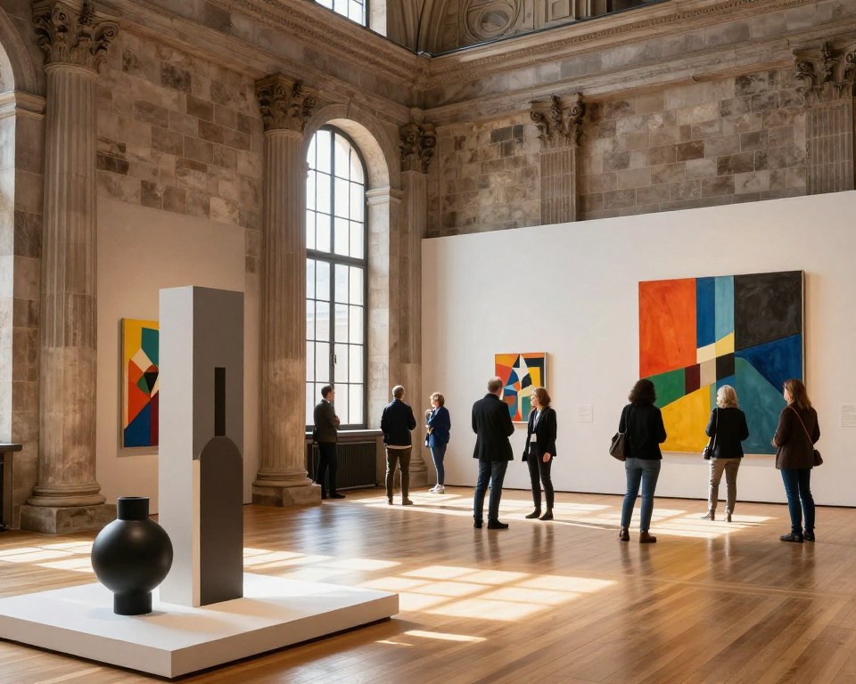 A vibrant interior view of the Armory of Gdańsk, showcasing the fusion of contemporary art and historical architecture. In the foreground, modern art installations blend seamlessly with the structure’s original architectural elements, displaying a mix of classic columns and sleek, minimalist sculptures. The middle ground reveals visitors in professional attire engaging with the art, reflecting a lively yet serene atmosphere. Soft, natural light filters through large windows, casting elegant shadows across the polished wooden floors. The background features walls adorned with large-scale contemporary paintings, creating a striking contrast against the historic stonework. The overall mood is one of cultural enrichment, inviting creativity and reflection within an iconic setting. The image captures the essence of modern functions within this historical context, making it both inviting and inspiring.