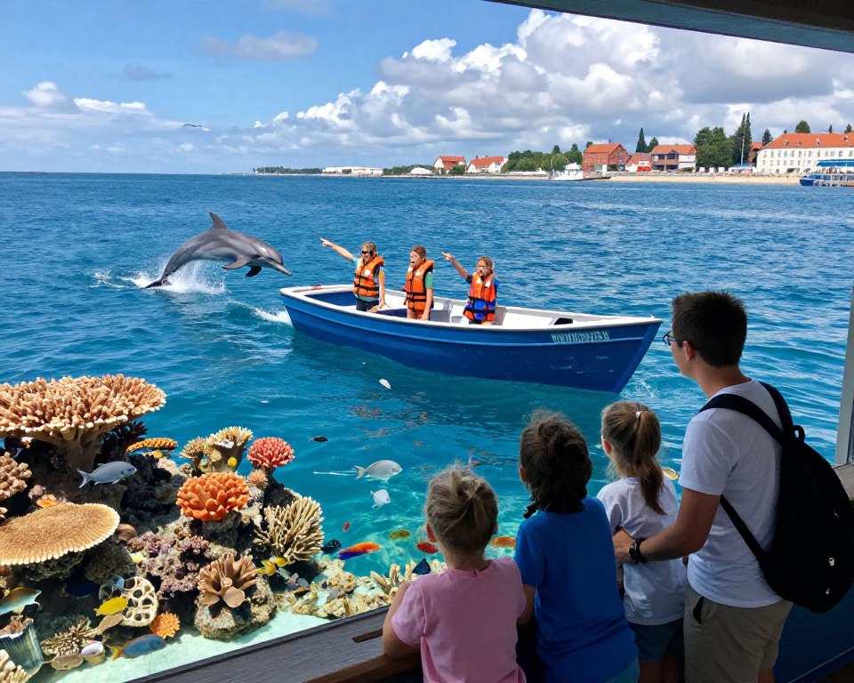 A vibrant marine scene depicting an aquarium filled with colorful coral reefs and diverse fish swimming through clear blue waters. In the foreground, a family of four, dressed in casual yet modest clothing, is engaging with an interactive tank, marveling at the sea creatures. The middle ground features a small boat bobbing gently on the waves, with excited children on board, equipped with life jackets, pointing at a nearby pod of dolphins leaping from the water. In the background, a bright coastline of Gdańsk is visible under a partly cloudy sky, with soft sunlight illuminating the water. The image conveys a sense of adventure and curiosity, inviting viewers into the world of aquatic exploration and family fun. A vibrant marine scene depicting an aquarium filled with colorful coral reefs and diverse fish swimming through clear blue waters. In the foreground, a family of four, dressed in casual yet modest clothing, is engaging with an interactive tank, marveling at the sea creatures. The middle ground features a small boat bobbing gently on the waves, with excited children on board, equipped with life jackets, pointing at a nearby pod of dolphins leaping from the water. In the background, a bright coastline of Gdańsk is visible under a partly cloudy sky, with soft sunlight illuminating the water. The image conveys a sense of adventure and curiosity, inviting viewers into the world of aquatic exploration and family fun.