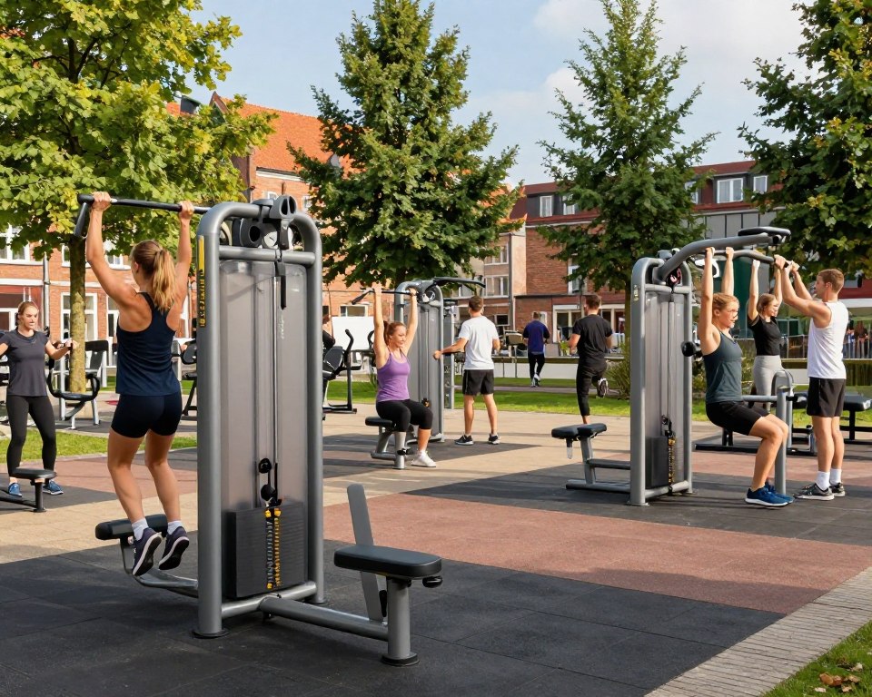 A vibrant outdoor gym in Gdańsk, showcasing modern fitness equipment such as sleek multi-stations, resistance machines, and free weights, arranged in a dynamic layout. In the foreground, a group of diverse individuals dressed in casual workout attire is energetically using the equipment, including a woman performing a pull-up and a man lifting weights. The middle ground features various exercise stations surrounded by green trees and open spaces, creating an inviting atmosphere. The background includes a glimpse of the historic Gdańsk architecture under a clear blue sky, enhancing the locality. Bright, natural lighting highlights the scene, with a warm and energetic mood that conveys activity and community well-being. The perspective is slightly angled to offer depth, showcasing the variety of equipment and the outdoor environment.