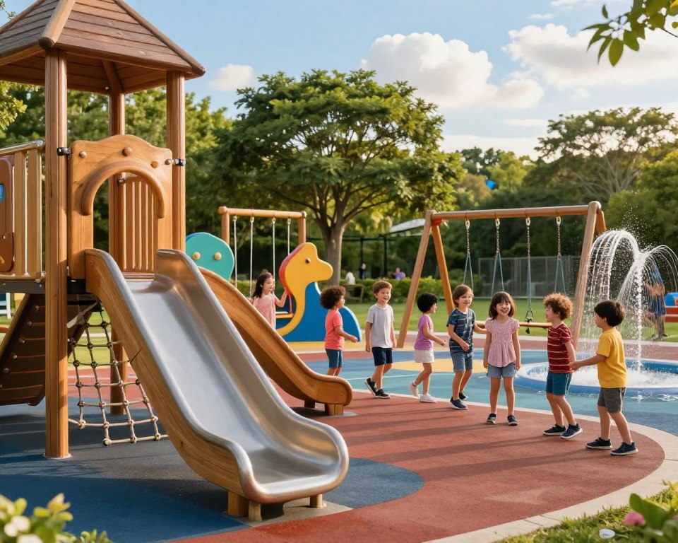 A vibrant outdoor playground scene showcasing unique play spaces designed for children. In the foreground, a rustic wooden climbing structure with integrated slides and rope nets, surrounded by colorful rubber flooring. In the middle ground, children of diverse backgrounds, dressed in casual, modest clothing, are laughing and playing together, engaging with a variety of innovative play equipment, like swings shaped like animals and interactive water features. In the background, lush green trees provide a natural canopy, and bright blue sky with soft, fluffy clouds set a cheerful mood. The lighting is warm and inviting, suggesting a late afternoon sun, with a shallow depth of field focusing on the joyous expressions of the children. The atmosphere is lively, reflecting the joy and creativity of outdoor play.