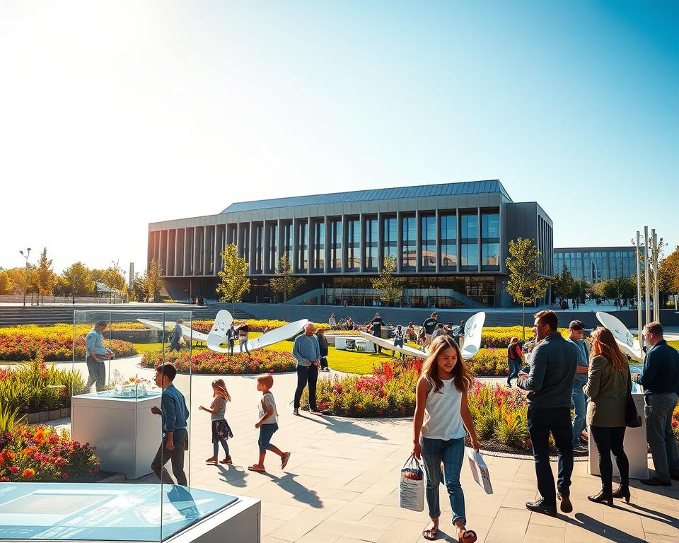 A vibrant outdoor scene depicting additional attractions at Hevelianum in Gdańsk. In the foreground, families and children are engaging with interactive exhibits, showcasing science and technology. The middle ground features a beautifully landscaped area with colorful flowers and modern sculptures, while people are exploring the open-air spaces. In the background, the distinctive architecture of Hevelianum stands tall under a clear blue sky, illuminated by warm sunlight, creating a welcoming atmosphere. Include visitors in professional light casual attire, enjoying the educational environment. The composition should be captured from a slightly elevated angle to provide an engaging perspective, with soft shadows enhancing the details of the scene, evoking a sense of curiosity and exploration. A vibrant outdoor scene depicting additional attractions at Hevelianum in Gdańsk. In the foreground, families and children are engaging with interactive exhibits, showcasing science and technology. The middle ground features a beautifully landscaped area with colorful flowers and modern sculptures, while people are exploring the open-air spaces. In the background, the distinctive architecture of Hevelianum stands tall under a clear blue sky, illuminated by warm sunlight, creating a welcoming atmosphere. Include visitors in professional light casual attire, enjoying the educational environment. The composition should be captured from a slightly elevated angle to provide an engaging perspective, with soft shadows enhancing the details of the scene, evoking a sense of curiosity and exploration.