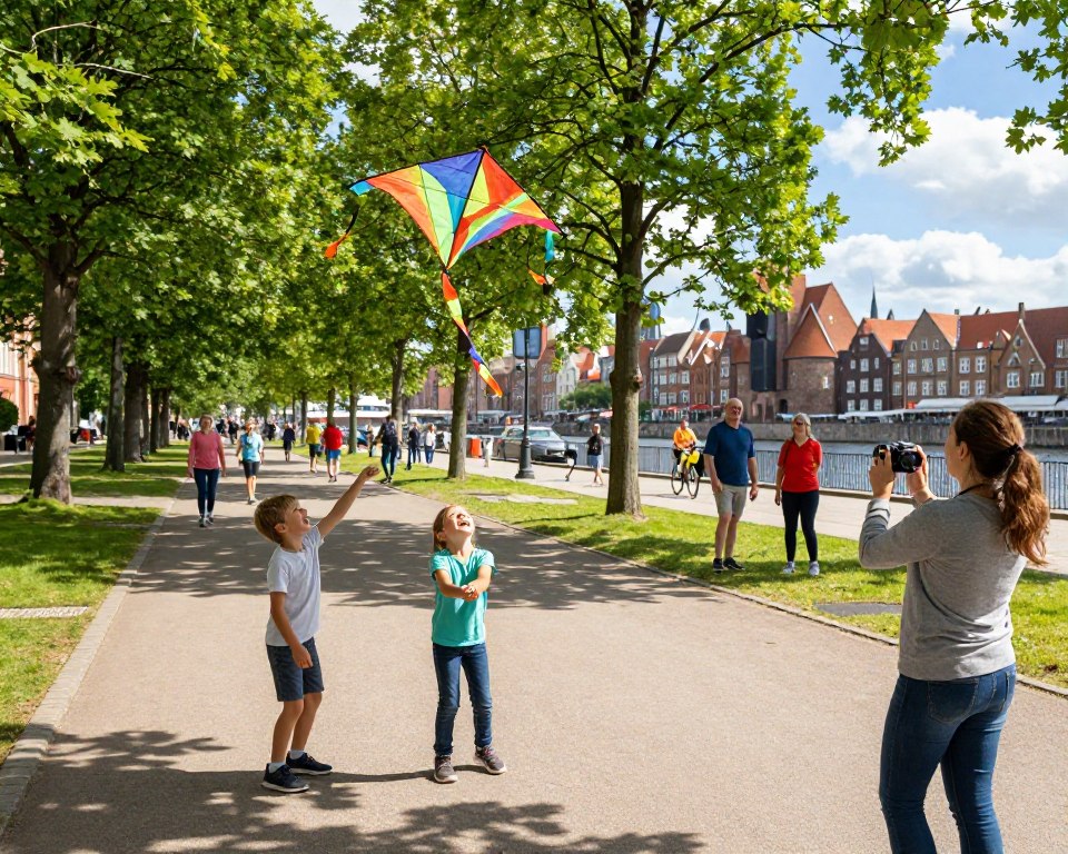 A vibrant outdoor scene in Gdańsk during a sunny day, showcasing a family with children enjoying various activities. In the foreground, two children are laughing and playing with a colorful kite, while a parent captures the moment with a camera. The middle ground features a picturesque park with lush green trees and a paved walking path where more families are strolling and biking. In the background, the iconic Gdańsk waterfront is visible, with historic buildings and a bright blue sky. Soft sunlight casts gentle shadows, enhancing the cheerful atmosphere. The mood is lively and joyful, reflecting the spirit of outdoor adventures in the city. The composition should provide a clear view of the activities without any text or watermarks.