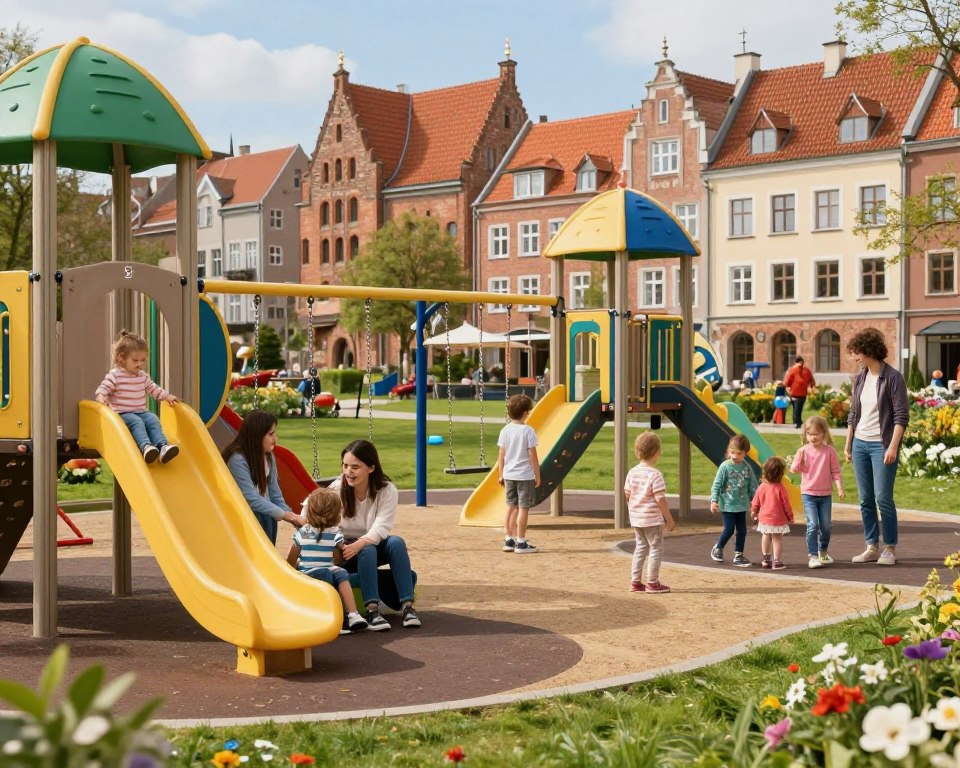 A vibrant playground scene in Gdańsk, showcasing a variety of modern and traditional play structures filled with joyful children of diverse backgrounds, accompanied by attentive parents. In the foreground, a parent interacts with a child on a colorful slide, both smiling. The middle ground features swings and climbing frames, surrounded by lush green grass and blooming flowers, suggesting a warm spring day. In the background, the architectural blend of Gdańsk's classic buildings adds cultural depth, under a bright blue sky. Soft, natural lighting enhances the cheerful atmosphere, capturing a moment of family bonding and community. The image should feel warm and inviting, reflecting parents' positive opinions about local playgrounds.