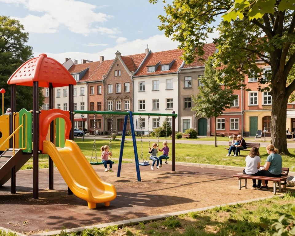 A vibrant playground scene in the Wrzeszcz district of Gdańsk during a sunny day. In the foreground, colorful play structures like slides and swings are bustling with children playing joyfully, while parents supervise nearby on benches. The middle ground features soft grass and trees providing shade, creating a friendly and inviting atmosphere. The background reveals charming residential buildings typical of the Wrzeszcz area, showcasing their unique architecture. The lighting is warm and bright, evoking a cheerful mood, as sunlight filters through the leaves, casting playful shadows on the ground. Capture this lively and family-friendly environment, emphasizing the joy and community spirit of a local playground.