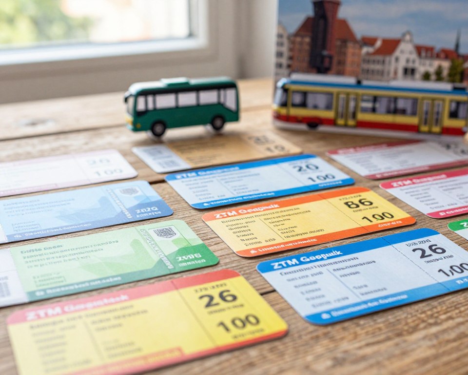 A vibrant representation of public transport ticket samples from ZTM Gdańsk, featuring a variety of ticket designs laid out on a textured wooden surface. In the foreground, focus on close-up details of colorful tickets highlighting different categories, such as single journey and monthly passes, with their respective prices clearly visible. The middle ground includes public transport icons, like a stylized bus and tram, softly blurred to emphasize the tickets. In the background, a hint of Gdańsk's cityscape, like the iconic medieval architecture, provides context. Natural daylight streams in from a nearby window, creating a bright and inviting atmosphere. The overall mood is informative and engaging, appealing to readers interested in the ticket pricing and types of ZTM Gdańsk for 2026.