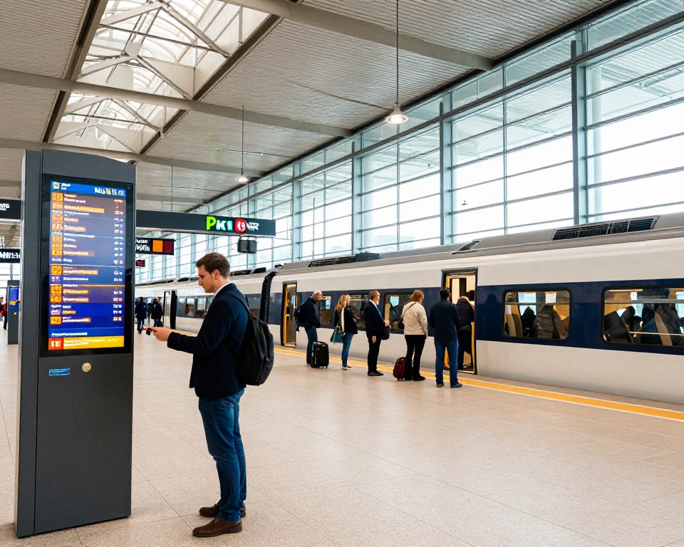 A vibrant scene at PKM Gdańsk Airport station, showcasing modern architecture with sleek glass and steel elements. In the foreground, a well-dressed commuter checks the digital timetable displaying trains and departure information. The middle ground features passengers boarding a train, highlighting the station's clean, spacious platform and smartly dressed staff assisting travelers. In the background, the airport terminal is visible, bustling with activity under bright, natural lighting that streams through large windows. The setting conveys a sense of efficiency and excitement, capturing the essence of travel and connectivity. The perspective is slightly low-angle, emphasizing the grandeur of the station structures, with a warm color palette for an inviting atmosphere. A vibrant scene at PKM Gdańsk Airport station, showcasing modern architecture with sleek glass and steel elements. In the foreground, a well-dressed commuter checks the digital timetable displaying trains and departure information. The middle ground features passengers boarding a train, highlighting the station's clean, spacious platform and smartly dressed staff assisting travelers. In the background, the airport terminal is visible, bustling with activity under bright, natural lighting that streams through large windows. The setting conveys a sense of efficiency and excitement, capturing the essence of travel and connectivity. The perspective is slightly low-angle, emphasizing the grandeur of the station structures, with a warm color palette for an inviting atmosphere.