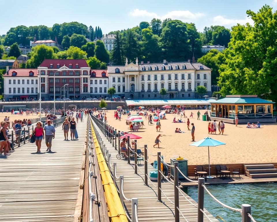 A vibrant scene capturing the charm of Sopot, Poland, showcasing its main attractions. In the foreground, a picturesque view of the famous wooden pier, bustling with visitors dressed in casual beachwear enjoying the sun. The middle ground features the lively beach with colorful umbrellas and families playing in the sand, while a local café is invitingly set up nearby. The background reveals the elegant, historic architecture of the town, with lush greenery framing the scene. Soft sunlight casts a warm glow, creating a cheerful and inviting atmosphere. The composition conveys a sense of leisure and exploration, highlighting the essence of Sopot’s allure as a coastal destination. Use a wide-angle lens perspective to capture the vibrancy and beauty of this popular seaside retreat. A vibrant scene capturing the charm of Sopot, Poland, showcasing its main attractions. In the foreground, a picturesque view of the famous wooden pier, bustling with visitors dressed in casual beachwear enjoying the sun. The middle ground features the lively beach with colorful umbrellas and families playing in the sand, while a local café is invitingly set up nearby. The background reveals the elegant, historic architecture of the town, with lush greenery framing the scene. Soft sunlight casts a warm glow, creating a cheerful and inviting atmosphere. The composition conveys a sense of leisure and exploration, highlighting the essence of Sopot’s allure as a coastal destination. Use a wide-angle lens perspective to capture the vibrancy and beauty of this popular seaside retreat.