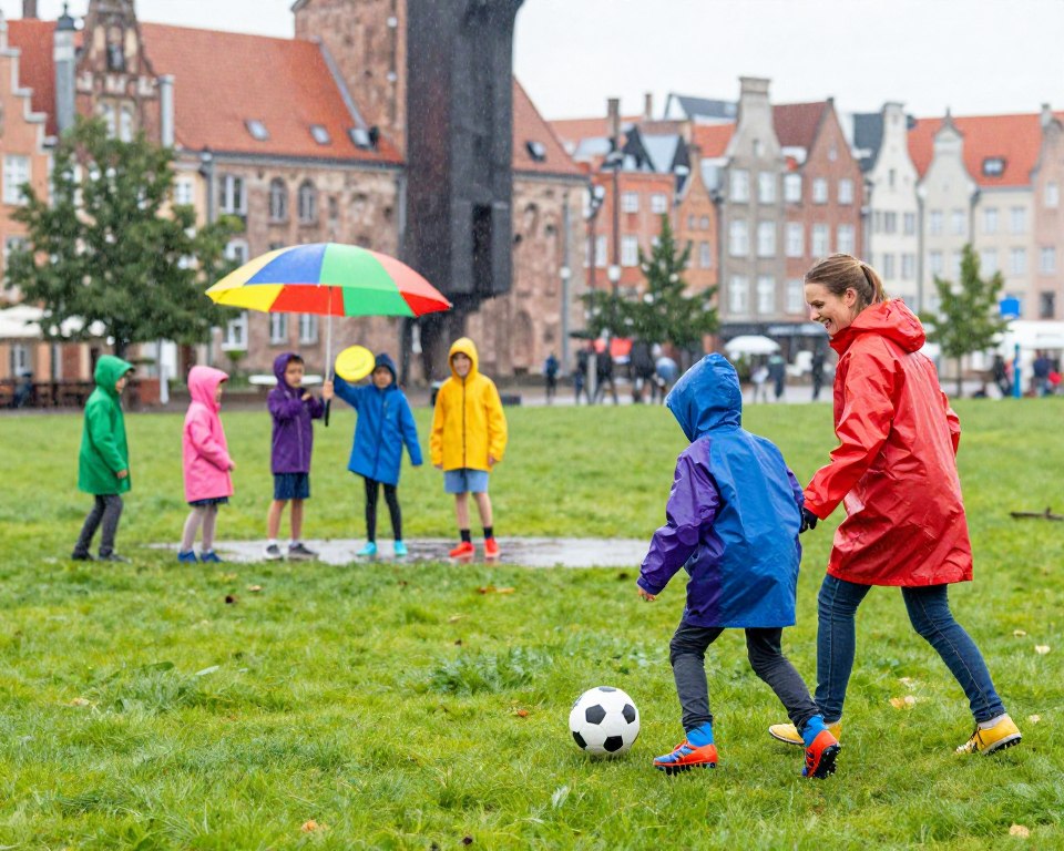 A vibrant scene depicting a family engaging in outdoor sports on a rainy day in Gdańsk. In the foreground, a mother and her two children, dressed in colorful raincoats and waterproof shoes, enjoy a playful game of soccer on a grassy field, with raindrops glistening around them. In the middle ground, a group of children under a large, colorful umbrella plays with a frisbee, while a nearby puddle reflects the cloudy sky. The background features the iconic Gdańsk architecture, partially obscured by light rain. The overall mood is cheerful and dynamic, capturing the joy of physical activity despite the weather. Soft, diffused lighting enhances the scene, creating a refreshingly immersive atmosphere. A vibrant scene depicting a family engaging in outdoor sports on a rainy day in Gdańsk. In the foreground, a mother and her two children, dressed in colorful raincoats and waterproof shoes, enjoy a playful game of soccer on a grassy field, with raindrops glistening around them. In the middle ground, a group of children under a large, colorful umbrella plays with a frisbee, while a nearby puddle reflects the cloudy sky. The background features the iconic Gdańsk architecture, partially obscured by light rain. The overall mood is cheerful and dynamic, capturing the joy of physical activity despite the weather. Soft, diffused lighting enhances the scene, creating a refreshingly immersive atmosphere.