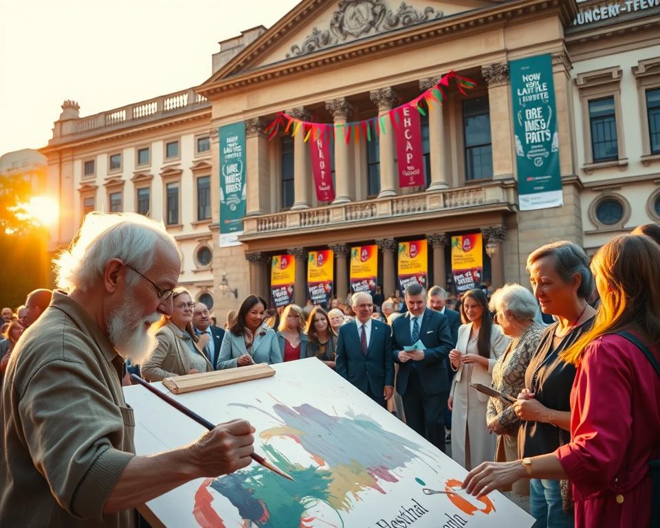 A vibrant scene depicting intergenerational artistic collaboration inspired by Shakespeare, featuring a diverse group of people of different ages engaged in various forms of art. In the foreground, an elderly man and a young girl are painting a large canvas together, their brushes blending colors harmoniously, symbolizing the connection between tradition and modernity. In the middle ground, a group of people are rehearsing a play, dressed in professional attire, showcasing their passion for theater. The background features a beautiful historic building reminiscent of a theater, adorned with colorful banners celebrating the festival, bathed in warm golden light of the setting sun. The overall atmosphere is joyful and inspiring, radiating a sense of cultural heritage and collective creativity, inviting viewers into a world where art transcends generations. A vibrant scene depicting intergenerational artistic collaboration inspired by Shakespeare, featuring a diverse group of people of different ages engaged in various forms of art. In the foreground, an elderly man and a young girl are painting a large canvas together, their brushes blending colors harmoniously, symbolizing the connection between tradition and modernity. In the middle ground, a group of people are rehearsing a play, dressed in professional attire, showcasing their passion for theater. The background features a beautiful historic building reminiscent of a theater, adorned with colorful banners celebrating the festival, bathed in warm golden light of the setting sun. The overall atmosphere is joyful and inspiring, radiating a sense of cultural heritage and collective creativity, inviting viewers into a world where art transcends generations.