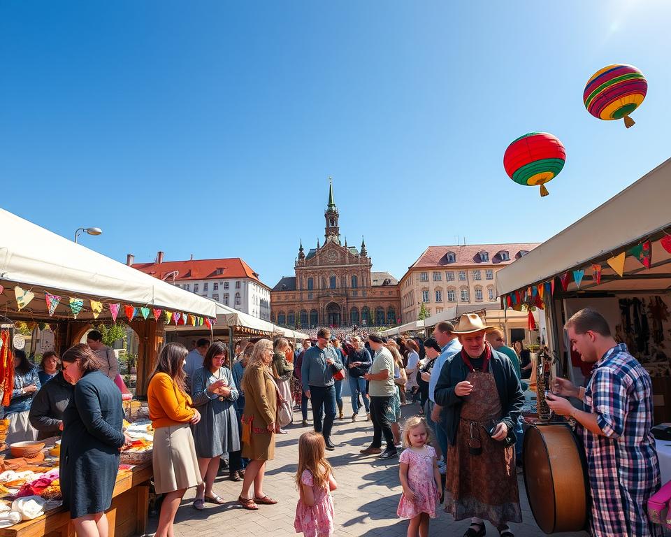 A vibrant scene depicting the Jarmark św. Dominika in Gdańsk, showcasing a bustling cultural program. In the foreground, artisan stalls adorned with colorful decorations present various crafts, handmade jewelry, and local foods. A diverse group of people, dressed in modest casual clothing, engages in lively conversations, while children watch a street performer juggle. In the middle ground, musicians play traditional instruments, creating an atmosphere of festivity. The background features the iconic Gdańsk architecture under a clear blue sky, bathed in warm, inviting sunlight. Use a wide-angle lens to capture the depth of the scene, emphasizing the joy and cultural richness of this annual event. The overall mood should be cheerful and celebratory, reflecting the spirit of community and creativity. A vibrant scene depicting the Jarmark św. Dominika in Gdańsk, showcasing a bustling cultural program. In the foreground, artisan stalls adorned with colorful decorations present various crafts, handmade jewelry, and local foods. A diverse group of people, dressed in modest casual clothing, engages in lively conversations, while children watch a street performer juggle. In the middle ground, musicians play traditional instruments, creating an atmosphere of festivity. The background features the iconic Gdańsk architecture under a clear blue sky, bathed in warm, inviting sunlight. Use a wide-angle lens to capture the depth of the scene, emphasizing the joy and cultural richness of this annual event. The overall mood should be cheerful and celebratory, reflecting the spirit of community and creativity.