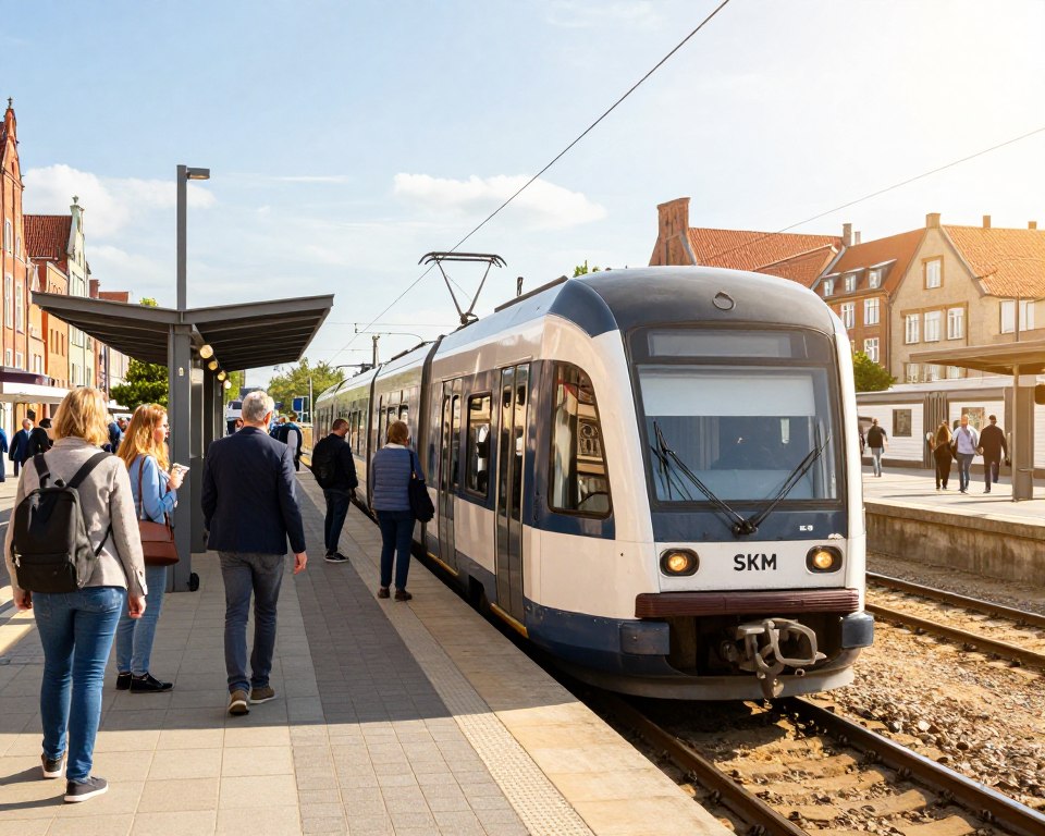 A vibrant scene depicting the SKM (Szybka Kolej Miejska) train system in Gdańsk. In the foreground, a modern, sleek SKM train is arriving at a well-maintained station, with people in professional and casual clothing waiting on the platform. The middle ground features the platform with passengers boarding and disembarking, showing a mix of commuters and tourists. In the background, the cityscape of Gdańsk can be seen, showcasing recognizable landmarks under a bright, sunny sky. The lighting is warm and inviting, casting soft shadows to create a lively atmosphere. A slight perspective angle emphasizes the speed and efficiency of the train system, capturing the dynamic essence of urban public transit in a bustling environment.
