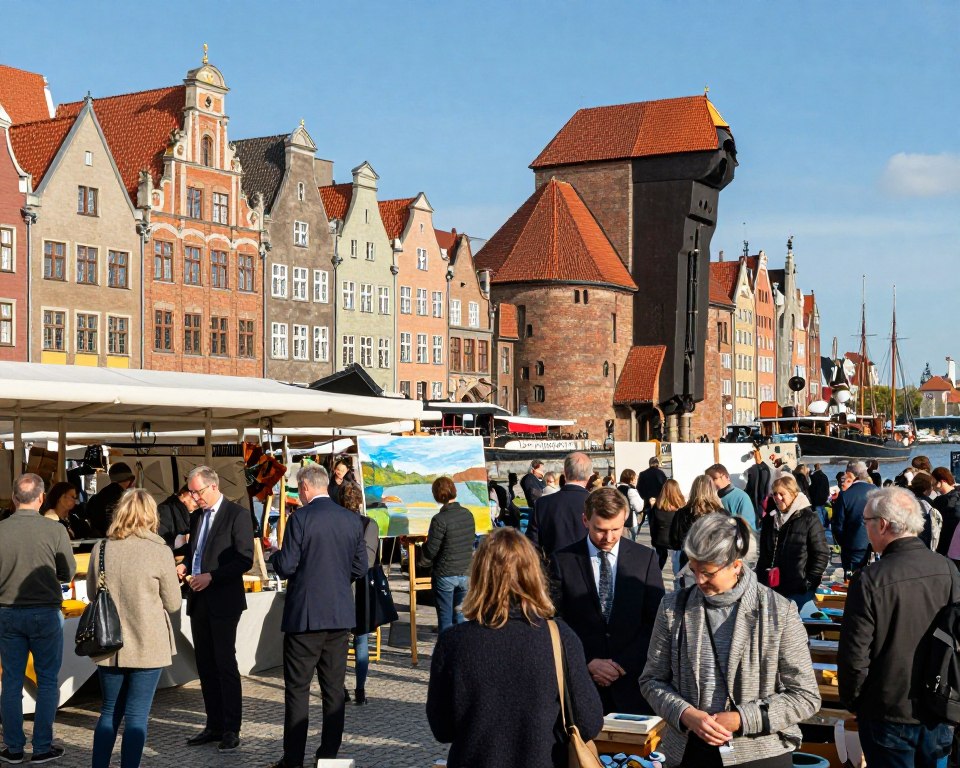 A vibrant scene depicting the economic and cultural life in the Free City of Gdańsk, with a bustling marketplace in the foreground filled with people dressed in professional business attire and modest casual clothing, engaging in trade and conversation. In the middle ground, classic Gdańsk architecture, showcasing intricate Gothic and Renaissance details, stands alongside artists painting local landscapes. The background features a serene waterfront with historic ships docked, under a clear blue sky. Natural sunlight creates a warm, inviting atmosphere, casting gentle shadows. The image captures a sense of community, trade, and artistic inspiration, reflecting the rich heritage and daily life of Gdańsk during its era as a Free City. A vibrant scene depicting the economic and cultural life in the Free City of Gdańsk, with a bustling marketplace in the foreground filled with people dressed in professional business attire and modest casual clothing, engaging in trade and conversation. In the middle ground, classic Gdańsk architecture, showcasing intricate Gothic and Renaissance details, stands alongside artists painting local landscapes. The background features a serene waterfront with historic ships docked, under a clear blue sky. Natural sunlight creates a warm, inviting atmosphere, casting gentle shadows. The image captures a sense of community, trade, and artistic inspiration, reflecting the rich heritage and daily life of Gdańsk during its era as a Free City.