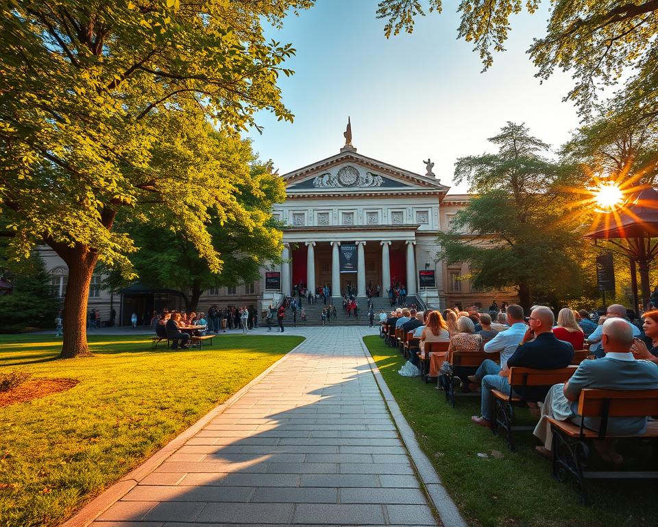A vibrant scene depicting the historic Opera Leśna in Sopot, surrounded by lush green trees and natural woodland. In the foreground, a well-maintained pathway leads towards the grand entrance, where elegant architecture and decorative elements are highlighted. The middle ground features people enjoying an outdoor performance, dressed in smart casual attire, sitting on benches and picnicking on the grass, creating a lively yet relaxed atmosphere. The background showcases the blending of nature and culture, with the sun setting behind the trees, casting warm golden light that filters through the leaves. The image should capture the essence of cultural events in Sopot, showcasing the Opera's architectural beauty against a serene, natural landscape. Use a wide-angle lens effect for a more immersive view, infusing the scene with a sense of community and artistic expression. A vibrant scene depicting the historic Opera Leśna in Sopot, surrounded by lush green trees and natural woodland. In the foreground, a well-maintained pathway leads towards the grand entrance, where elegant architecture and decorative elements are highlighted. The middle ground features people enjoying an outdoor performance, dressed in smart casual attire, sitting on benches and picnicking on the grass, creating a lively yet relaxed atmosphere. The background showcases the blending of nature and culture, with the sun setting behind the trees, casting warm golden light that filters through the leaves. The image should capture the essence of cultural events in Sopot, showcasing the Opera's architectural beauty against a serene, natural landscape. Use a wide-angle lens effect for a more immersive view, infusing the scene with a sense of community and artistic expression.