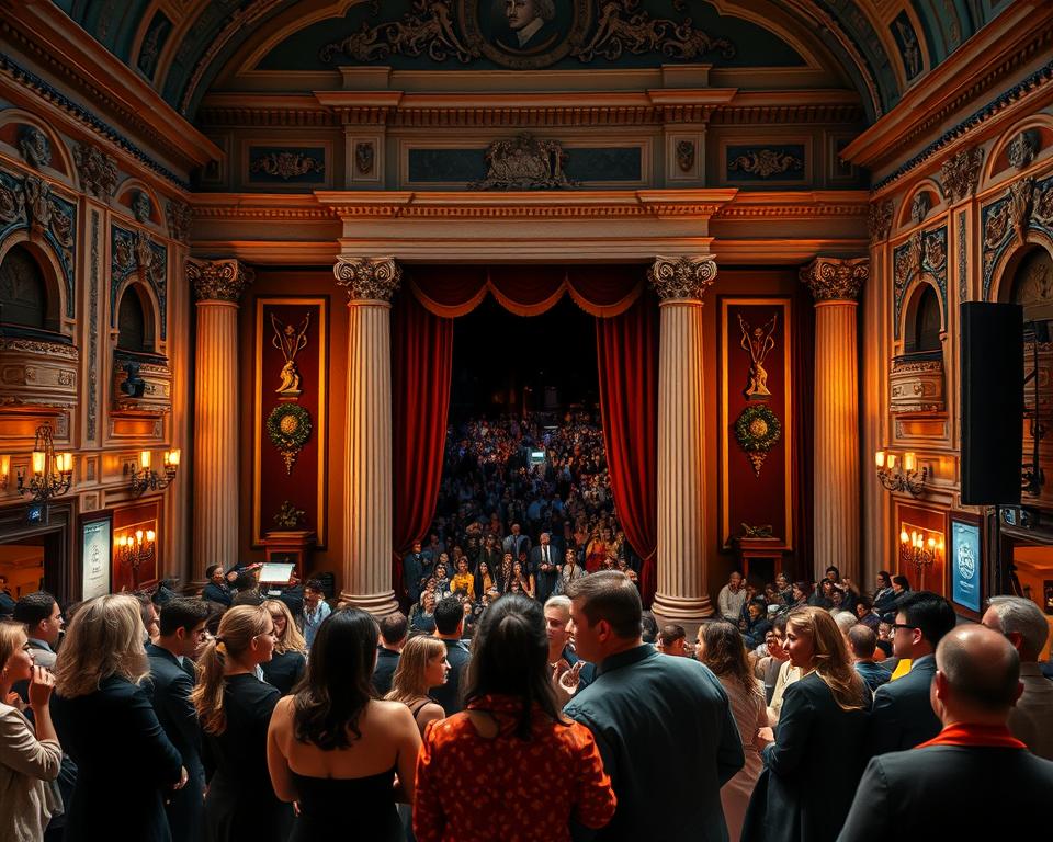 A vibrant scene depicting the iconic theater in Gdańsk, showcasing its grand architecture and rich cultural atmosphere. In the foreground, an elegant group of diverse actors dressed in professional attire rehearses a Shakespearean play, embodying the essence of the festival. The middle ground features ornate theater details, such as classic columns and dramatic stage curtains, illuminated by soft, warm lighting that highlights the performers. In the background, the bustling streets of Gdańsk can be seen, filled with a captivated audience, eliciting a sense of community and engagement. The ambiance is lively yet contemplative, capturing the spirit of Shakespeare's works while emphasizing the historical significance of theater in Gdańsk. The image is viewed from a slightly elevated angle, creating a dynamic perspective that draws the viewer into this cultural experience.