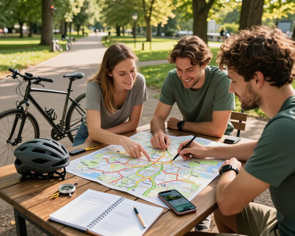A vibrant scene depicting the planning of a bicycle trip, focusing on a wooden table covered with a detailed map of Gdańsk's cycling paths and various cycling accessories. In the foreground, tools like a compass, a notepad filled with notes, and a smartphone displaying a cycling app add depth. The middle ground features a casual group of friends, dressed in modest cycling attire, discussing routes and marking locations on the map, with smiles and excitement. In the background, a sunlit park with scenic bike trails and green trees creates a serene atmosphere, casting soft, warm light over the scene. Use a slightly elevated angle to capture the interaction on the table while showing the beautiful park landscape beyond.