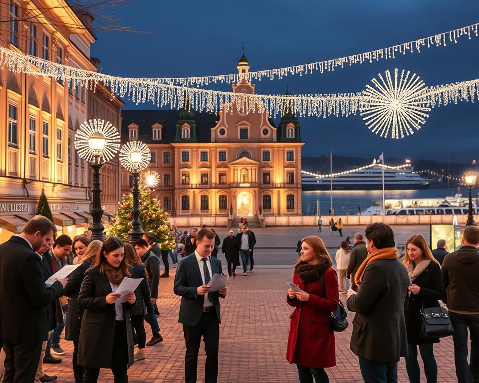 A vibrant scene of New Year's Eve planning in Gdańsk, featuring a charming, bustling city square adorned with festive decorations. In the foreground, a group of people, dressed in professional business attire and modest seasonal clothing, are engaged in lively discussions, holding reservation lists and transport schedules. In the middle, a beautifully lit historic building serves as a backdrop, showcasing Gdańsk's stunning architecture, while shimmering lights hang across the square, creating a warm, inviting atmosphere. In the background, the famous Gdańsk waterfront is visible, with gently lit boats docked, reflecting the city's lively spirit. The scene is bathed in soft, golden lighting, hinting at the upcoming celebrations, captured from a slightly elevated angle to encompass the festive energy of the setting. A vibrant scene of New Year's Eve planning in Gdańsk, featuring a charming, bustling city square adorned with festive decorations. In the foreground, a group of people, dressed in professional business attire and modest seasonal clothing, are engaged in lively discussions, holding reservation lists and transport schedules. In the middle, a beautifully lit historic building serves as a backdrop, showcasing Gdańsk's stunning architecture, while shimmering lights hang across the square, creating a warm, inviting atmosphere. In the background, the famous Gdańsk waterfront is visible, with gently lit boats docked, reflecting the city's lively spirit. The scene is bathed in soft, golden lighting, hinting at the upcoming celebrations, captured from a slightly elevated angle to encompass the festive energy of the setting.