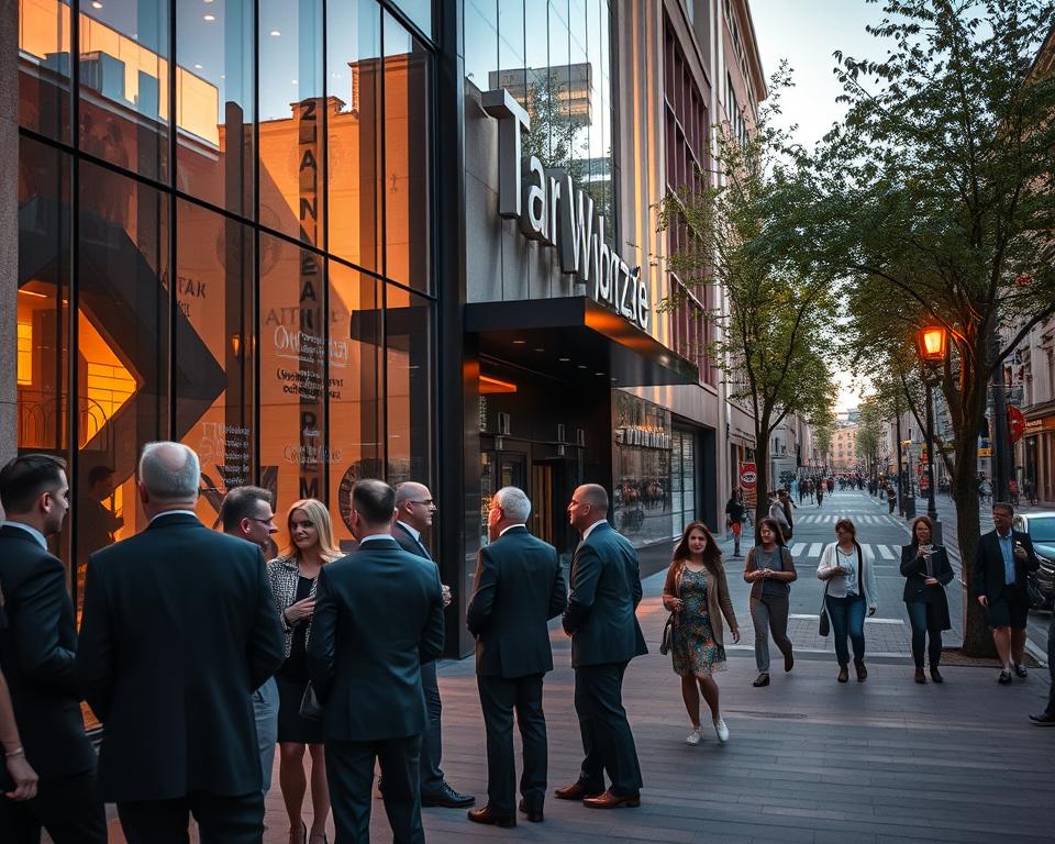 A vibrant scene of Teatr Wybrzeże in Gdańsk, showcasing its modern architecture and cultural significance. In the foreground, patrons dressed in stylish business attire gather outside the theater, engaging in conversation. The middle ground reveals the theater's striking facade with large glass windows and dramatic lighting highlighting artistic elements. A subtle play of shadows creates depth while the entrance is adorned with elegant decorations. In the background, a lively street scene unfolds, with trees and city life reflecting the atmosphere of creativity and community. The lighting is warm and inviting, capturing a late afternoon glow, and the angle is slightly elevated to encompass both the theater and the active surroundings. The overall mood is vibrant and engaging, celebrating the artistic spirit of this cultural landmark. A vibrant scene of Teatr Wybrzeże in Gdańsk, showcasing its modern architecture and cultural significance. In the foreground, patrons dressed in stylish business attire gather outside the theater, engaging in conversation. The middle ground reveals the theater's striking facade with large glass windows and dramatic lighting highlighting artistic elements. A subtle play of shadows creates depth while the entrance is adorned with elegant decorations. In the background, a lively street scene unfolds, with trees and city life reflecting the atmosphere of creativity and community. The lighting is warm and inviting, capturing a late afternoon glow, and the angle is slightly elevated to encompass both the theater and the active surroundings. The overall mood is vibrant and engaging, celebrating the artistic spirit of this cultural landmark.