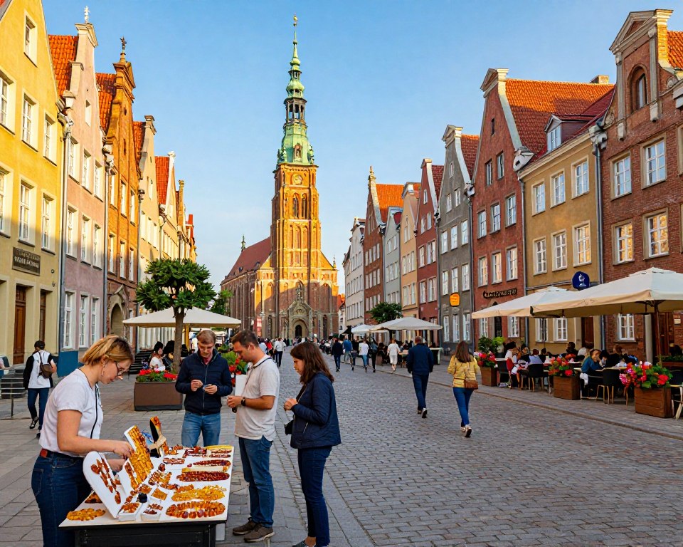 A vibrant scene of Ulica Mariacka in Gdańsk during a sunny afternoon, showcasing the iconic cobblestone street lined with colorful Gothic-style townhouses adorned with intricate facades. In the foreground, a small stall displays polished amber jewelry, glistening in the warm sunlight, attracting the attention of passersby dressed in modest casual clothing. The middle ground features people strolling leisurely, savoring the charming atmosphere, with outdoor cafes and flower pots adding bursts of color. In the background, the majestic St. Mary's Church towers over the scene, framed by a clear blue sky. The image captures a lively yet serene ambiance, emphasizing the rich history and cultural vibrancy of this popular pedestrian street, with soft lighting to enhance the inviting feel of the experience.
