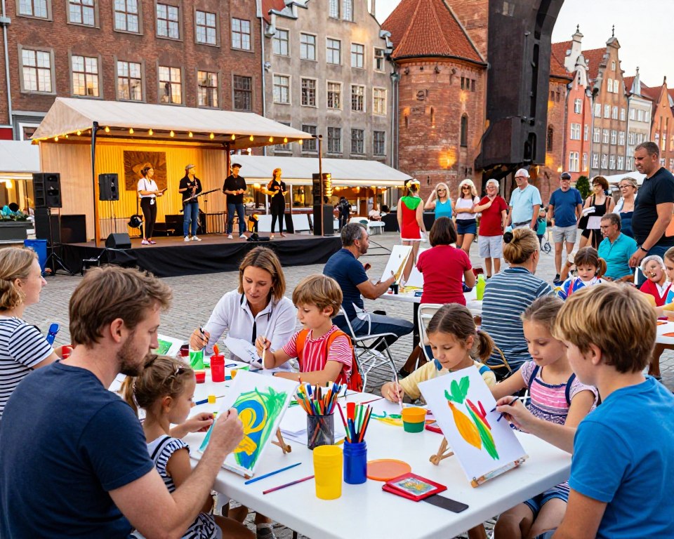 A vibrant scene of a family-friendly cultural and art event in Gdańsk, showcasing families with children engaging with various artistic activities. In the foreground, children are participating in an interactive art workshop, creating colorful paintings with their parents. The middle ground features a small stage with local artists performing music and dance, surrounded by cheerful spectators of all ages. The background reveals the historic architecture of Gdańsk, with its iconic buildings gently illuminated by warm, natural sunlight. The atmosphere is lively and inviting, filled with laughter and creativity. The composition captures a wide-angle perspective, emphasizing community interaction. Use bright, engaging colors to reflect a joyful and vibrant mood, ensuring the scene is safe and enjoyable for all viewers.