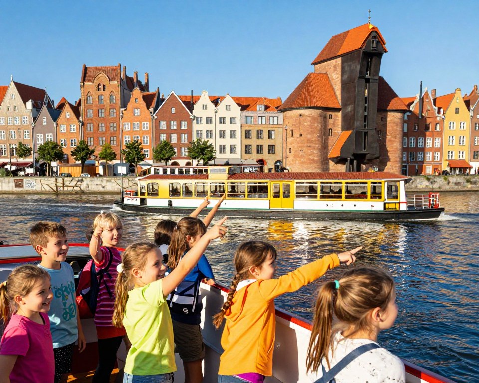 A vibrant scene of a water tram in Gdańsk, showcasing a cheerful group of children and their families enjoying a sunny day on board. The foreground features excited children, aged between 5 and 10, wearing colorful clothing, smiling and pointing at the sights around them. In the middle ground, the distinctive water tram is depicted in rich detail, with its bright colors reflecting on the calm waves of the Motława River. The background reveals the picturesque Gdańsk skyline, complete with historic architecture and a clear blue sky. The lighting is warm and inviting, suggesting a bright afternoon. The angle is slightly elevated, capturing the energy of the moment while emphasizing the connection between the tram and the surrounding beauty of Gdańsk. The overall mood is joyful and playful, celebrating family experiences and adventure. A vibrant scene of a water tram in Gdańsk, showcasing a cheerful group of children and their families enjoying a sunny day on board. The foreground features excited children, aged between 5 and 10, wearing colorful clothing, smiling and pointing at the sights around them. In the middle ground, the distinctive water tram is depicted in rich detail, with its bright colors reflecting on the calm waves of the Motława River. The background reveals the picturesque Gdańsk skyline, complete with historic architecture and a clear blue sky. The lighting is warm and inviting, suggesting a bright afternoon. The angle is slightly elevated, capturing the energy of the moment while emphasizing the connection between the tram and the surrounding beauty of Gdańsk. The overall mood is joyful and playful, celebrating family experiences and adventure.