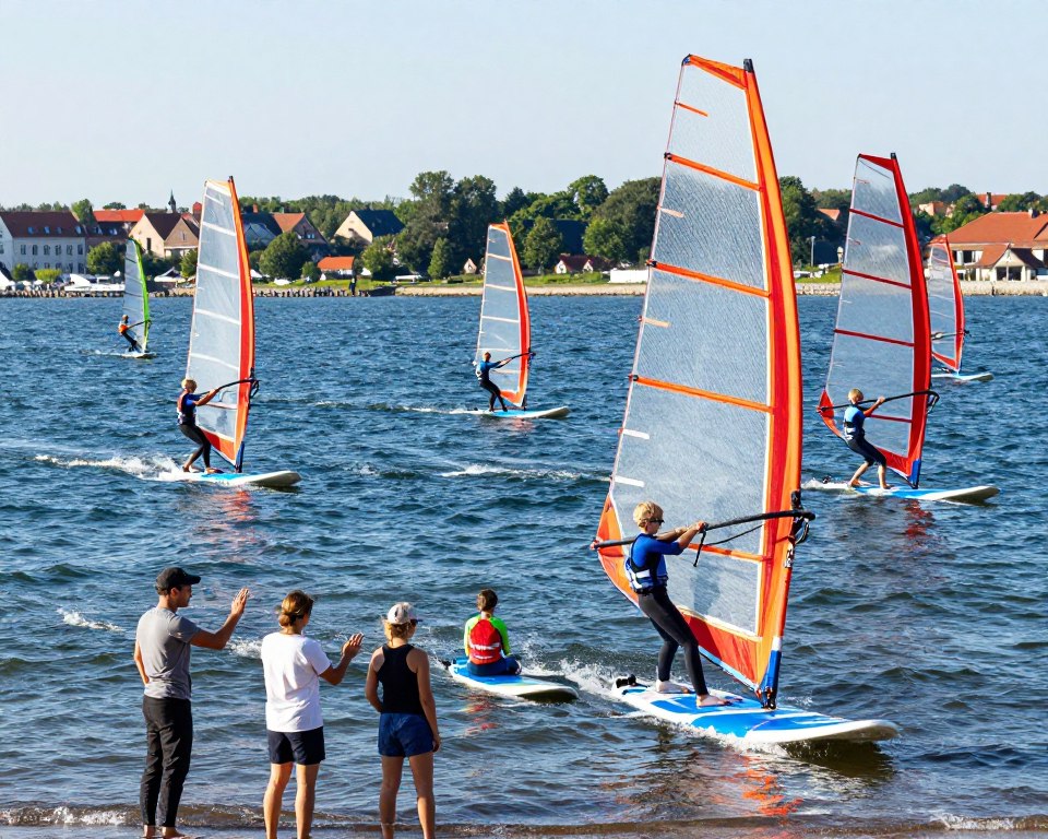 A vibrant scene of a windsurfing training session on the scenic Gdańsk Bay, showcasing a group of enthusiastic beginners on colorful windsurfing boards, practicing their skills. In the foreground, a diverse trio of instructors in modest casual clothing guides the newcomers, providing tips with engaging gestures. The middle ground features several windsurfers skillfully maneuvering on the shimmering blue water, with sails catching the wind under a clear, bright sky. In the background, the beautiful Gdańsk coastline and lush greenery create a tranquil atmosphere. The sun casts warm rays, enhancing the lively mood of the training day. Capture this from a slightly elevated angle to showcase the excitement and dynamic movement of the participants. A vibrant scene of a windsurfing training session on the scenic Gdańsk Bay, showcasing a group of enthusiastic beginners on colorful windsurfing boards, practicing their skills. In the foreground, a diverse trio of instructors in modest casual clothing guides the newcomers, providing tips with engaging gestures. The middle ground features several windsurfers skillfully maneuvering on the shimmering blue water, with sails catching the wind under a clear, bright sky. In the background, the beautiful Gdańsk coastline and lush greenery create a tranquil atmosphere. The sun casts warm rays, enhancing the lively mood of the training day. Capture this from a slightly elevated angle to showcase the excitement and dynamic movement of the participants.