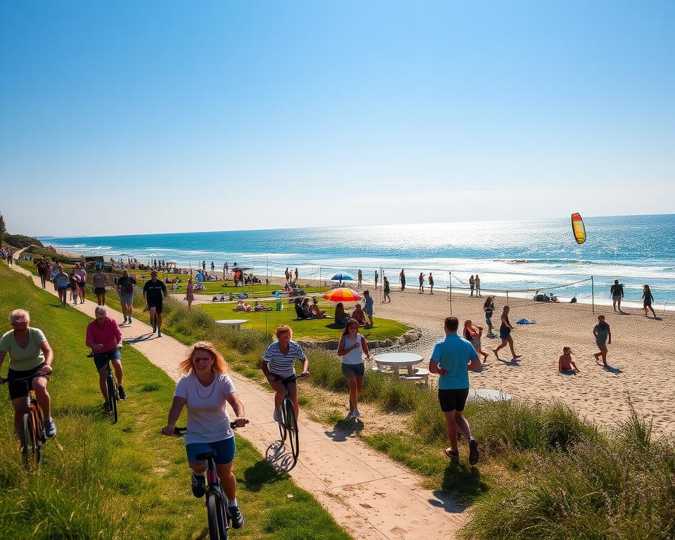 A vibrant scene of active recreation along the Hel Peninsula shoreline, capturing a sunny summer day. In the foreground, a diverse group of people in modest casual clothing engages in various activities: cycling along a scenic path, jogging on the sandy beach, and playing beach volleyball. In the middle ground, colorful beach umbrellas dot the area, while families enjoy picnics on the grass, and a windsurfer glides on the sparkling waves. The background features the azure sea meeting a clear blue sky, with gentle waves lapping at the shore. Soft, warm sunlight casts long shadows, enhancing the lively atmosphere of summer fun. The setting is peaceful yet energetic, embodying the spirit of outdoor adventure. A vibrant scene of active recreation along the Hel Peninsula shoreline, capturing a sunny summer day. In the foreground, a diverse group of people in modest casual clothing engages in various activities: cycling along a scenic path, jogging on the sandy beach, and playing beach volleyball. In the middle ground, colorful beach umbrellas dot the area, while families enjoy picnics on the grass, and a windsurfer glides on the sparkling waves. The background features the azure sea meeting a clear blue sky, with gentle waves lapping at the shore. Soft, warm sunlight casts long shadows, enhancing the lively atmosphere of summer fun. The setting is peaceful yet energetic, embodying the spirit of outdoor adventure.