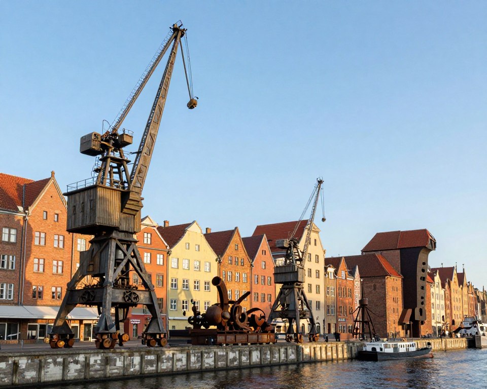 A vibrant scene of the Gdańsk Shipyard, showcasing iconic historical structures and notable attractions. In the foreground, depict a detailed view of the famous Gdańsk Crane, emphasizing its wooden architecture against a backdrop of clear blue skies. In the middle ground, feature industrial heritage elements, like large shipyard cranes and rusted machinery repurposed as art installations. In the background, illustrate the beautiful waterfront with colorful buildings of the Old Town peeking through. Use soft, natural lighting to create a warm and inviting atmosphere, with a focus on the textures of the buildings and the water. Capture this perspective from a low angle, highlighting the majesty of the shipyard's history and its transformation into a cultural hub. The overall mood should evoke a sense of curiosity and exploration.
