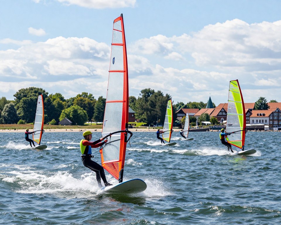 A vibrant scene of windsurfing at the Gdańsk Bay, capturing the dynamic energy of the sport. In the foreground, a skilled windsurfer in a brightly colored wetsuit skillfully rides the waves, the board cutting through the water. The middle ground showcases several more windsurfers, varying in skill levels, with their sails catching the wind, creating a visual rhythm of colorful sails in motion. The background features the scenic coastline of Gdańsk, dotted with lush green trees and quaint buildings, under a clear blue sky with fluffy white clouds. The sunlight sparkles on the water, enhancing the lively atmosphere. The composition should have a slight tilt from a low angle, emphasizing the excitement of windsurfing against this beautiful natural backdrop. A vibrant scene of windsurfing at the Gdańsk Bay, capturing the dynamic energy of the sport. In the foreground, a skilled windsurfer in a brightly colored wetsuit skillfully rides the waves, the board cutting through the water. The middle ground showcases several more windsurfers, varying in skill levels, with their sails catching the wind, creating a visual rhythm of colorful sails in motion. The background features the scenic coastline of Gdańsk, dotted with lush green trees and quaint buildings, under a clear blue sky with fluffy white clouds. The sunlight sparkles on the water, enhancing the lively atmosphere. The composition should have a slight tilt from a low angle, emphasizing the excitement of windsurfing against this beautiful natural backdrop.