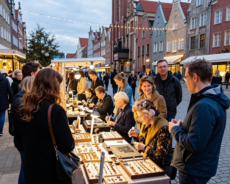 A vibrant scene on Mariacka Street in Gdańsk during a cultural event celebrating jewelry and amber artisans. In the foreground, lively market stalls display exquisite amber jewelry, surrounded by visitors of diverse backgrounds in stylish, modest clothing, engaging in lively conversation. The middle ground features local artisans demonstrating their craftsmanship, with tools and materials visible, creating an interactive atmosphere. In the background, the iconic Gothic architecture of Mariacka Street is highlighted, complemented by soft evening lighting that casts a warm glow over the cobblestone street. Capture the joyous spirit of the event, with string lights twinkling overhead and festive decorations adding to the celebratory mood, all shot from a slightly elevated angle to encapsulate the bustling ambiance. A vibrant scene on Mariacka Street in Gdańsk during a cultural event celebrating jewelry and amber artisans. In the foreground, lively market stalls display exquisite amber jewelry, surrounded by visitors of diverse backgrounds in stylish, modest clothing, engaging in lively conversation. The middle ground features local artisans demonstrating their craftsmanship, with tools and materials visible, creating an interactive atmosphere. In the background, the iconic Gothic architecture of Mariacka Street is highlighted, complemented by soft evening lighting that casts a warm glow over the cobblestone street. Capture the joyous spirit of the event, with string lights twinkling overhead and festive decorations adding to the celebratory mood, all shot from a slightly elevated angle to encapsulate the bustling ambiance.