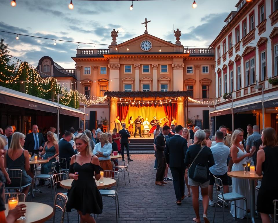A vibrant scene set outside the Shakespeare Theatre in Gdańsk, focusing on a lively outdoor event accompanying a theatrical performance. In the foreground, elegantly dressed attendees converse and enjoy refreshments at charming café tables under decorative fairy lights. The middle ground features a beautifully adorned stage set up for additional performances, with musicians playing and dancers showcasing their skills. The background presents the iconic architecture of the theatre against a twilight sky, casting a warm golden glow. Soft bokeh lights add a magical feel to the atmosphere. The scene captures a sense of community and excitement, emphasizing the allure of special events that enhance theatrical performances. The overall mood is festive and inviting, perfect for an unforgettable cultural experience.