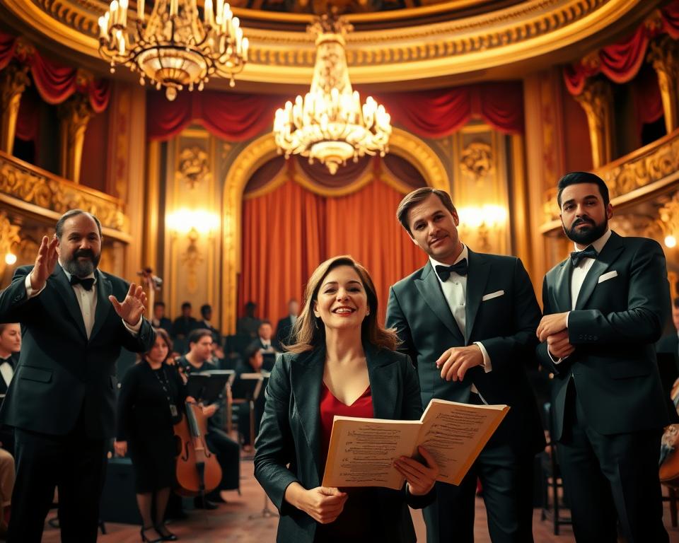 A vibrant scene showcasing a diverse cast of opera performers in elegant business attire, positioned in the foreground. The lead singer, a woman with a dramatic expression, stands center stage, with a tenor to her right holding a classical sheet of music, while a dramatic baritone on the left gestures passionately. In the middle ground, a richly decorated opera house stage features intricate gold and red drapery, ornate chandeliers casting warm, inviting light, creating an atmosphere of grandeur and drama. Background elements include silhouettes of an orchestra in shadows, adding depth. Use soft, warm lighting to enhance the theatrical mood, with a slight focus on the performers, capturing their artistic expressions and talents in this captivating opera setting.