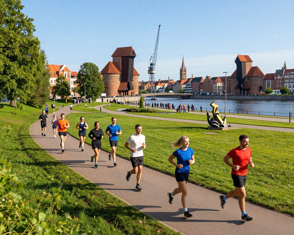 A vibrant scene showcasing an array of running trails in Gdańsk, with a playful atmosphere that captures both attractions and curiosities along these jogging paths. In the foreground, a diverse group of runners in casual athletic wear, displaying joyful expressions as they run. The middle ground features scenic elements, such as lush green parks, historic landmarks like the Gdańsk Crane, and local art installations. In the background, the iconic Motława River reflecting the bright afternoon sunlight, with a clear blue sky. The lighting is warm and inviting, creating a sense of energy and community. The angle is slightly elevated, providing a panoramic view that emphasizes the beauty and variety of the routes. The mood is lively and inspiring, inviting viewers to explore Gdańsk's running culture.