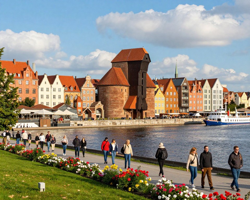 A vibrant scene showcasing the cultural and tourist attractions on Spichrzów Island in Gdańsk. In the foreground, a group of diverse tourists stroll along a scenic waterfront path lined with blooming flowers and historical architecture. In the middle ground, beautifully restored granaries and modern buildings blend together, reflecting the island’s rich history and contemporary investments. The background features the serene Vistula River, with boats gently floating under a clear blue sky adorned with soft, fluffy clouds. Warm sunlight bathes the scene, creating an inviting atmosphere. The image should be captured from a slightly elevated angle, offering a panoramic view that emphasizes both the historical significance and the modern vibrancy of the area, inspiring a sense of exploration and appreciation for culture.