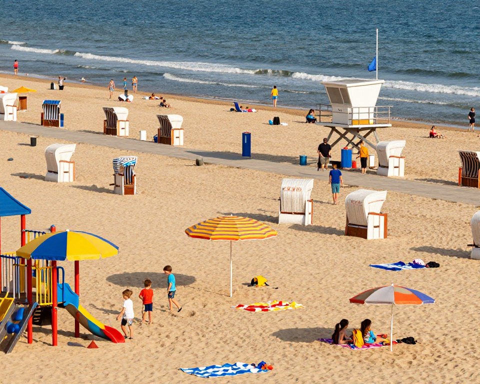 A vibrant seaside scene showcasing family-friendly amenities at a bathing area in Gdańsk. In the foreground, a spacious beach with soft golden sand is dotted with colorful umbrellas and beach towels. A playground with safe, modern equipment is visible, with children joyfully playing. The middle ground features well-maintained pathways lined with beach chairs, helping families relax, while lifeguard stations provide a sense of safety. The background consists of gently rolling waves and serene blue water, with families enjoying the beach in the distance. The scene is illuminated by warm, afternoon sunlight, creating a cheerful and inviting atmosphere, perfect for children and their families. The image captures a sense of security and enjoyment in a public bathing area. A vibrant seaside scene showcasing family-friendly amenities at a bathing area in Gdańsk. In the foreground, a spacious beach with soft golden sand is dotted with colorful umbrellas and beach towels. A playground with safe, modern equipment is visible, with children joyfully playing. The middle ground features well-maintained pathways lined with beach chairs, helping families relax, while lifeguard stations provide a sense of safety. The background consists of gently rolling waves and serene blue water, with families enjoying the beach in the distance. The scene is illuminated by warm, afternoon sunlight, creating a cheerful and inviting atmosphere, perfect for children and their families. The image captures a sense of security and enjoyment in a public bathing area.