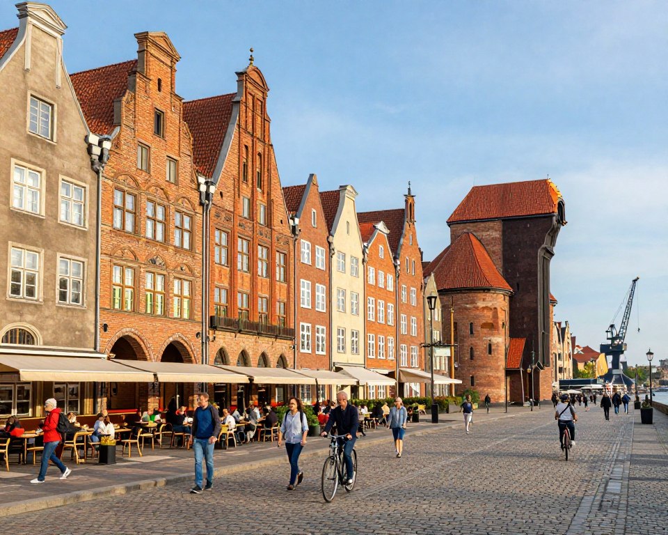 A vibrant street scene in Gdańsk showcasing the stunning architecture and urban heritage of the Free City era. In the foreground, a cobblestone street lined with well-preserved historic brick buildings featuring ornate facades, archways, and colorful shutters. In the middle ground, pedestrians dressed in modest casual attire stroll past cafes with outdoor seating, while cyclists ride by, creating a lively atmosphere. The background reveals the iconic Gdańsk crane and the Vistula River under a bright blue sky, with soft, warm sunlight casting gentle shadows. The mood is inviting and nostalgic, capturing the essence of Gdańsk's rich urban history and architectural significance, photographed with a slightly tilted angle to emphasize depth and perspective. A vibrant street scene in Gdańsk showcasing the stunning architecture and urban heritage of the Free City era. In the foreground, a cobblestone street lined with well-preserved historic brick buildings featuring ornate facades, archways, and colorful shutters. In the middle ground, pedestrians dressed in modest casual attire stroll past cafes with outdoor seating, while cyclists ride by, creating a lively atmosphere. The background reveals the iconic Gdańsk crane and the Vistula River under a bright blue sky, with soft, warm sunlight casting gentle shadows. The mood is inviting and nostalgic, capturing the essence of Gdańsk's rich urban history and architectural significance, photographed with a slightly tilted angle to emphasize depth and perspective.