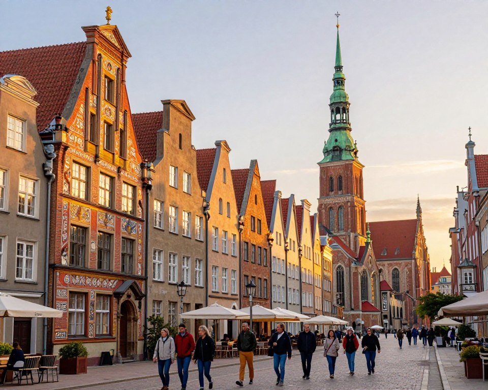 A vibrant street scene of Długa Street in Gdańsk, focusing on the intricate façades of historical tenement houses, rich in symbolism and culture. In the foreground, showcase detailed architectural elements such as elaborate gables, colorful stucco work, and decorative motifs that reflect Gdańsk's heritage. In the middle ground, include locals dressed in modest casual clothing, strolling and engaging with the vibrant atmosphere, evoking a sense of community. The background should feature the iconic St. Mary's Church and the beautiful Gdańsk skyline under a soft, golden sunset, casting warm light across the buildings. The overall mood should feel warm, inviting, and celebratory of the culture and history represented by these architectural gems. Use a wide-angle lens perspective to capture the grandeur of the scene with a focus on depth. A vibrant street scene of Długa Street in Gdańsk, focusing on the intricate façades of historical tenement houses, rich in symbolism and culture. In the foreground, showcase detailed architectural elements such as elaborate gables, colorful stucco work, and decorative motifs that reflect Gdańsk's heritage. In the middle ground, include locals dressed in modest casual clothing, strolling and engaging with the vibrant atmosphere, evoking a sense of community. The background should feature the iconic St. Mary's Church and the beautiful Gdańsk skyline under a soft, golden sunset, casting warm light across the buildings. The overall mood should feel warm, inviting, and celebratory of the culture and history represented by these architectural gems. Use a wide-angle lens perspective to capture the grandeur of the scene with a focus on depth.