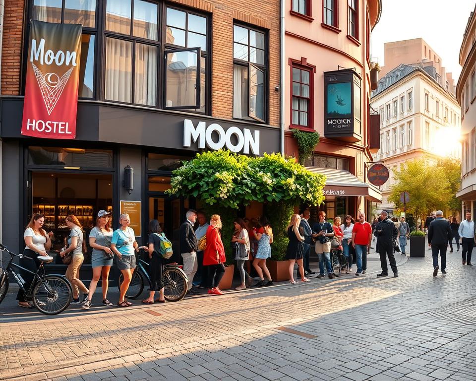 A vibrant street scene of Moon Hostel in Gdańsk, showcasing its welcoming facade with large windows, colorful banners, and bicycles parked outside. In the foreground, a diverse group of travelers in casual attire interacts happily, enjoying the warm atmosphere of the hostel. In the middle ground, the hostel’s entrance features lush greenery and outdoor seating, inviting guests to relax. The background portrays the historic architecture of Gdańsk with the iconic Long Street visible, bathed in soft golden sunset light, enhancing the charm of the city. The mood is lively and inviting, emphasizing the benefits of staying in the heart of Gdańsk. Use a wide-angle lens for a spacious perspective, ensuring clear visibility of the hostel and the bustling street life, conveying a sense of community and adventure. A vibrant street scene of Moon Hostel in Gdańsk, showcasing its welcoming facade with large windows, colorful banners, and bicycles parked outside. In the foreground, a diverse group of travelers in casual attire interacts happily, enjoying the warm atmosphere of the hostel. In the middle ground, the hostel’s entrance features lush greenery and outdoor seating, inviting guests to relax. The background portrays the historic architecture of Gdańsk with the iconic Long Street visible, bathed in soft golden sunset light, enhancing the charm of the city. The mood is lively and inviting, emphasizing the benefits of staying in the heart of Gdańsk. Use a wide-angle lens for a spacious perspective, ensuring clear visibility of the hostel and the bustling street life, conveying a sense of community and adventure.