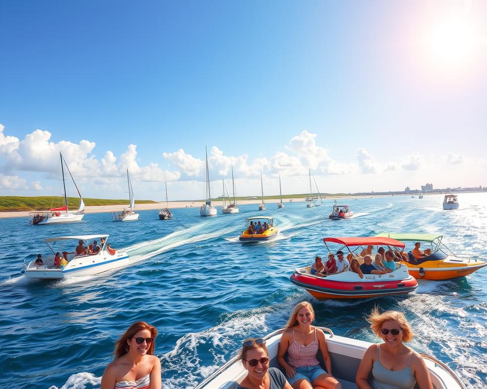 A vibrant summer scene on the Baltic Sea, showcasing a picturesque waterfront filled with colorful tourist boats and water trams in clear blue waters. In the foreground, a small, cheerful group of passengers in modest summer clothing enjoy a boat ride, their excited expressions reflecting the joy of a sunny day. The middle ground features various watercraft-sleek trimarans, classic sailboats, and modern ferries-gliding through the waves against a backdrop of a peaceful shoreline dotted with sandy beaches and green dunes. The background reveals a stunning horizon with fluffy white clouds and a brilliant sun casting warm, golden light over the scene, enhancing the holiday atmosphere. The overall mood is lively and inviting, capturing the essence of summer adventures on the Baltic Sea. A vibrant summer scene on the Baltic Sea, showcasing a picturesque waterfront filled with colorful tourist boats and water trams in clear blue waters. In the foreground, a small, cheerful group of passengers in modest summer clothing enjoy a boat ride, their excited expressions reflecting the joy of a sunny day. The middle ground features various watercraft-sleek trimarans, classic sailboats, and modern ferries-gliding through the waves against a backdrop of a peaceful shoreline dotted with sandy beaches and green dunes. The background reveals a stunning horizon with fluffy white clouds and a brilliant sun casting warm, golden light over the scene, enhancing the holiday atmosphere. The overall mood is lively and inviting, capturing the essence of summer adventures on the Baltic Sea.