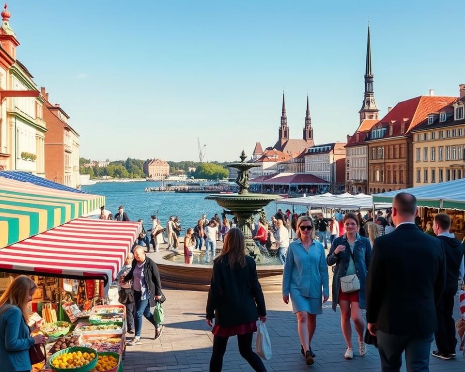 A vibrant view of seasonal attractions in Gdańsk, showcasing the historic architecture of the Old Town. In the foreground, a lively outdoor market with colorful stalls selling local crafts and seasonal goods like traditional Polish foods. In the middle, the iconic Neptune's Fountain surrounded by tourists in smart casual attire, lightheartedly exploring the area. In the background, the picturesque waterfront of the Motława River, with the famous Gdańsk Crane and the church towers under a clear blue sky, illuminated by warm, golden sunlight. The atmosphere is festive and inviting, capturing the essence of a bustling summer day in Gdańsk, emphasizing the blend of culture, history, and seasonal festivities. A vibrant view of seasonal attractions in Gdańsk, showcasing the historic architecture of the Old Town. In the foreground, a lively outdoor market with colorful stalls selling local crafts and seasonal goods like traditional Polish foods. In the middle, the iconic Neptune's Fountain surrounded by tourists in smart casual attire, lightheartedly exploring the area. In the background, the picturesque waterfront of the Motława River, with the famous Gdańsk Crane and the church towers under a clear blue sky, illuminated by warm, golden sunlight. The atmosphere is festive and inviting, capturing the essence of a bustling summer day in Gdańsk, emphasizing the blend of culture, history, and seasonal festivities.