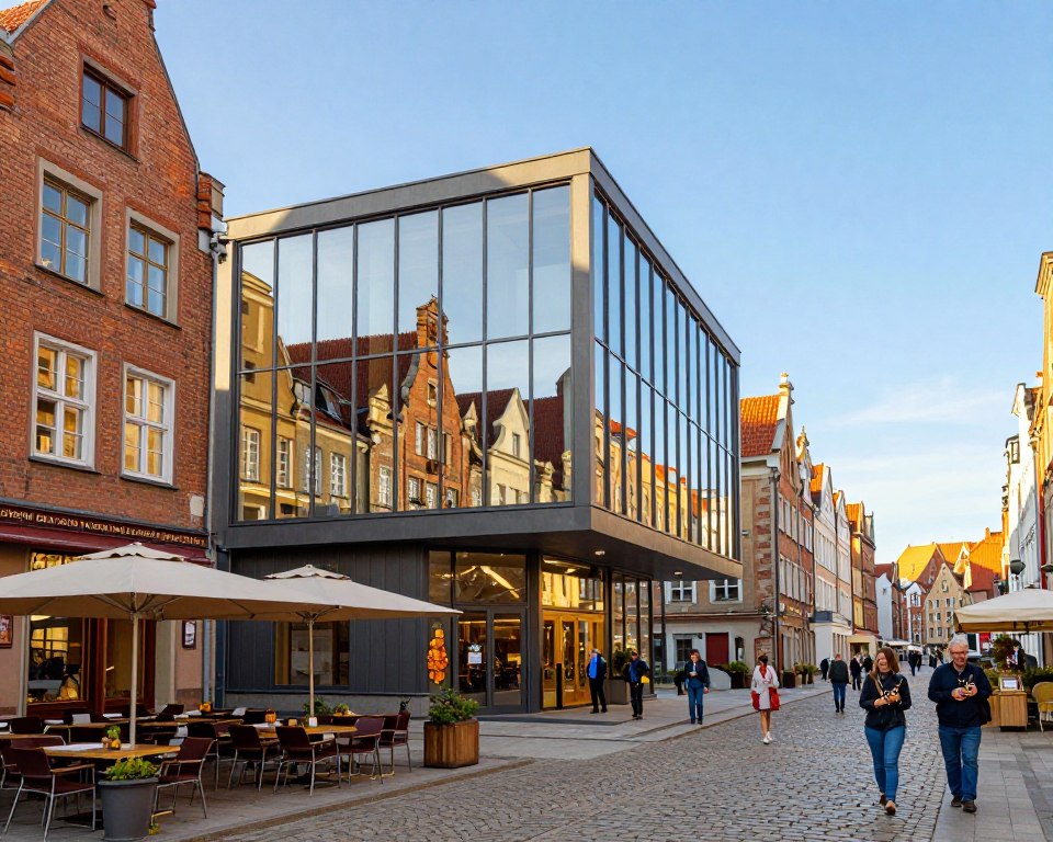 A vibrant view of the Muzeum Archeologiczne in Gdańsk, showcasing its modern architectural design with large glass windows reflecting the historical surroundings. In the foreground, cobblestone streets lined with charming cafés and shops, enhancing the warm atmosphere. The museum's entrance, adorned with amber accents, invites visitors inside. In the middle ground, onlookers admire the museum's exterior, some holding amber jewelry, embodying the local culture. The background features the picturesque Ulica Mariacka, with traditional buildings and a clear blue sky providing a serene backdrop. Soft, golden sunlight casts long shadows, creating an inviting and warm mood. Captured from a low angle to emphasize the museum's grandeur, the scene reflects the rich history and cultural significance of the area, ideal for illustrating a deep historical narrative. A vibrant view of the Muzeum Archeologiczne in Gdańsk, showcasing its modern architectural design with large glass windows reflecting the historical surroundings. In the foreground, cobblestone streets lined with charming cafés and shops, enhancing the warm atmosphere. The museum's entrance, adorned with amber accents, invites visitors inside. In the middle ground, onlookers admire the museum's exterior, some holding amber jewelry, embodying the local culture. The background features the picturesque Ulica Mariacka, with traditional buildings and a clear blue sky providing a serene backdrop. Soft, golden sunlight casts long shadows, creating an inviting and warm mood. Captured from a low angle to emphasize the museum's grandeur, the scene reflects the rich history and cultural significance of the area, ideal for illustrating a deep historical narrative.