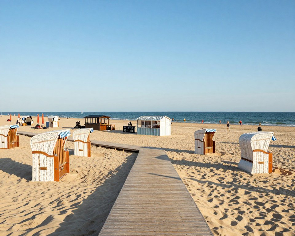 A vibrant view of the Stogi Beach infrastructure in Gdańsk, showcasing well-maintained wooden walkways leading to the sandy beach. In the foreground, include beach loungers and umbrellas, positioned neatly along the path. The middle ground features organized beach amenities such as snack bars and restrooms, designed in a modern style. In the background, capture the serene Baltic Sea under a clear blue sky, with a few distant sailboats and people walking leisurely. Use warm, golden sunlight illuminating the scene, evoking a cheerful summer atmosphere. Employ a wide-angle lens for a comprehensive view, emphasizing both the beach and the surrounding natural beauty, ensuring the image conveys a sense of relaxation and enjoyment in a well-equipped coastal environment. A vibrant view of the Stogi Beach infrastructure in Gdańsk, showcasing well-maintained wooden walkways leading to the sandy beach. In the foreground, include beach loungers and umbrellas, positioned neatly along the path. The middle ground features organized beach amenities such as snack bars and restrooms, designed in a modern style. In the background, capture the serene Baltic Sea under a clear blue sky, with a few distant sailboats and people walking leisurely. Use warm, golden sunlight illuminating the scene, evoking a cheerful summer atmosphere. Employ a wide-angle lens for a comprehensive view, emphasizing both the beach and the surrounding natural beauty, ensuring the image conveys a sense of relaxation and enjoyment in a well-equipped coastal environment.