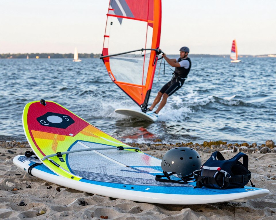 A vibrant windsurfing scene set on the picturesque Gdańsk Bay. In the foreground, display an intricately detailed windsurfing board and sail, showcasing their bright colors and unique designs. Add essential windsurfing gear such as a helmet, harness, and impact vest, arranged neatly next to the board. In the middle ground, depict a windsurfer wearing a professional short-sleeve wetsuit, skillfully gliding across the waves, capturing a moment of dynamic motion. The background features the serene blue waters of the bay, dotted with small sailing boats and the distant shoreline bathed in soft sunlight. The atmosphere is lively and adventurous, reflecting the excitement of windsurfing. Use soft, natural lighting to enhance the scene, evoking a sense of freedom and enjoyment in the sport. A vibrant windsurfing scene set on the picturesque Gdańsk Bay. In the foreground, display an intricately detailed windsurfing board and sail, showcasing their bright colors and unique designs. Add essential windsurfing gear such as a helmet, harness, and impact vest, arranged neatly next to the board. In the middle ground, depict a windsurfer wearing a professional short-sleeve wetsuit, skillfully gliding across the waves, capturing a moment of dynamic motion. The background features the serene blue waters of the bay, dotted with small sailing boats and the distant shoreline bathed in soft sunlight. The atmosphere is lively and adventurous, reflecting the excitement of windsurfing. Use soft, natural lighting to enhance the scene, evoking a sense of freedom and enjoyment in the sport.