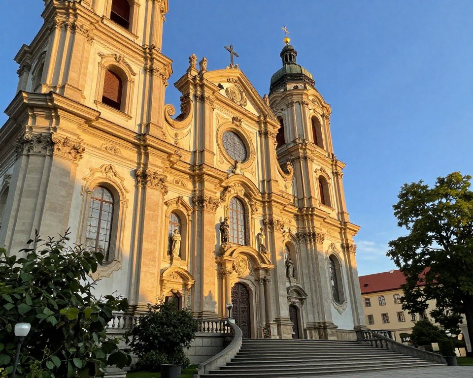 A view of the Oliwa Cathedral, showcasing its stunning Baroque architecture. The foreground features intricate details of the façade, highlighting ornate carvings and arched windows adorned with elegant statues. In the middle, the grand entrance with its sweeping staircase invites visitors, surrounded by lush greenery that frames the cathedral beautifully. The background reveals a vibrant blue sky, emphasizing the setting sun casting a warm golden light that illuminates the structure. Capture the mood of tranquility and reverence, evoking the sense of history and artistry. The composition should be taken with a slightly elevated angle to showcase both the height of the towers and the rich details of the building, conveying its grandeur.