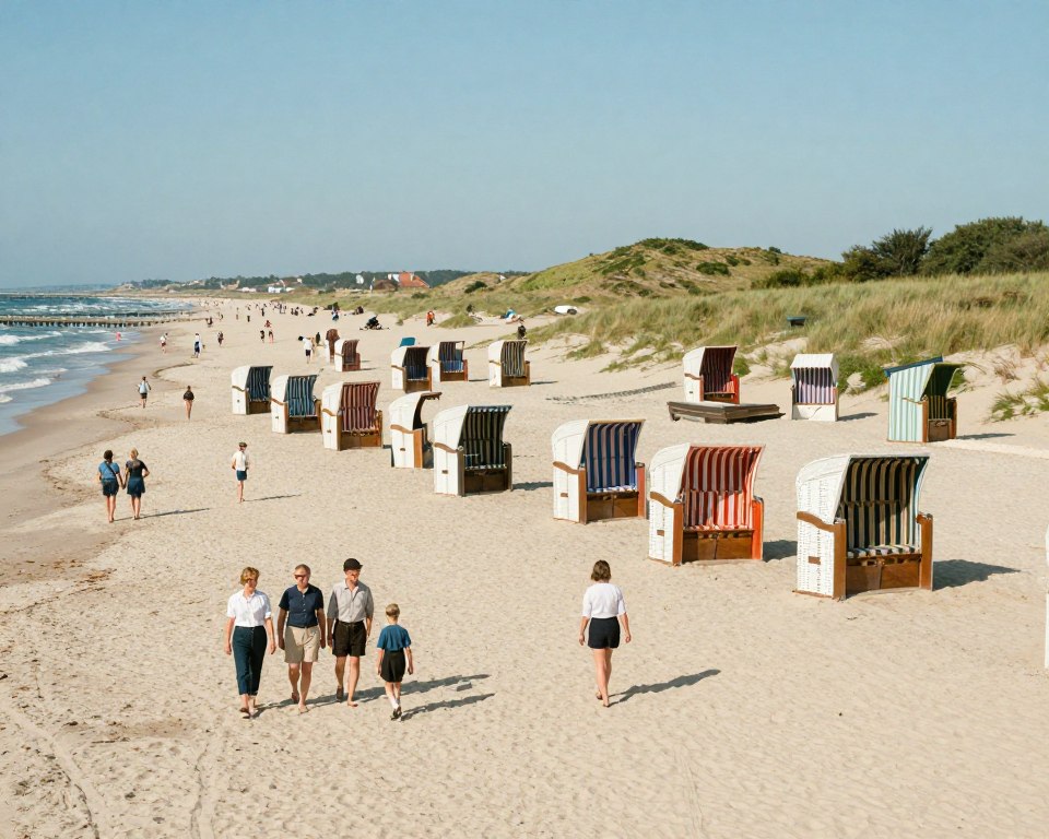 A vintage scene depicting the historical bathing area of Brzeźno in Gdańsk, capturing the essence of its past. In the foreground, local families and children casually stroll along a sandy beach, dressed in modest casual clothing, enjoying a sunny day by the Baltic Sea. The middle ground showcases quaint wooden bathhouses and beach huts, adorned with colorful stripes, illustrating a bygone era of leisure. The background features gentle waves lapping against the shore and lush green dunes under a clear blue sky, with a hint of distant piers. Soft sunlight illuminates the scene, creating a warm and inviting atmosphere, reminiscent of the charm and history of the Brzeźno bathing resort. The angle is slightly elevated, providing a panoramic view that enhances the nostalgia of this coastal paradise. A vintage scene depicting the historical bathing area of Brzeźno in Gdańsk, capturing the essence of its past. In the foreground, local families and children casually stroll along a sandy beach, dressed in modest casual clothing, enjoying a sunny day by the Baltic Sea. The middle ground showcases quaint wooden bathhouses and beach huts, adorned with colorful stripes, illustrating a bygone era of leisure. The background features gentle waves lapping against the shore and lush green dunes under a clear blue sky, with a hint of distant piers. Soft sunlight illuminates the scene, creating a warm and inviting atmosphere, reminiscent of the charm and history of the Brzeźno bathing resort. The angle is slightly elevated, providing a panoramic view that enhances the nostalgia of this coastal paradise.