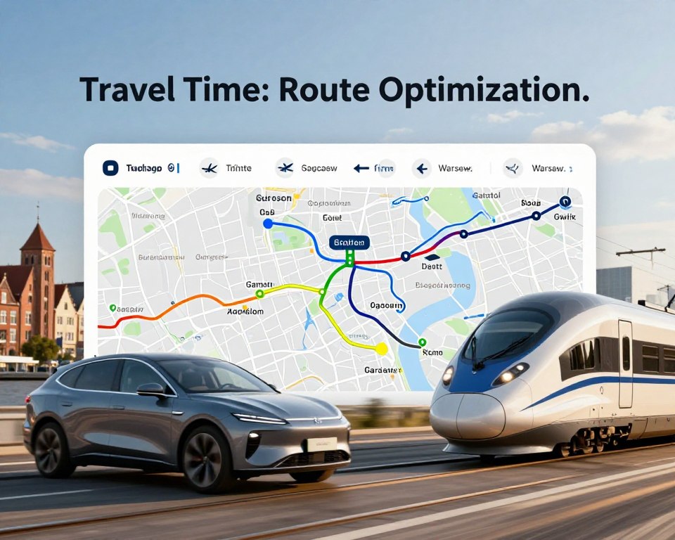 A visually captivating scene that illustrates the concept of "Travel Time: Route Optimization." In the foreground, a sleek modern car and a high-speed train are positioned side by side, both featuring dynamic lines to convey speed. The middle ground shows a digital map with colorful route lines, highlighting optimized paths to Gdańsk from Warsaw, with icons representing various travel modes, like planes above. In the background, a bright skyline of Gdańsk is visible under a clear blue sky, symbolizing the destination. The scene is bathed in warm, natural sunlight, creating a professional yet inviting atmosphere. Capture this moment from a slightly elevated angle to encompass the whole interaction, ensuring clarity and detail in the timelines and routes depicted.