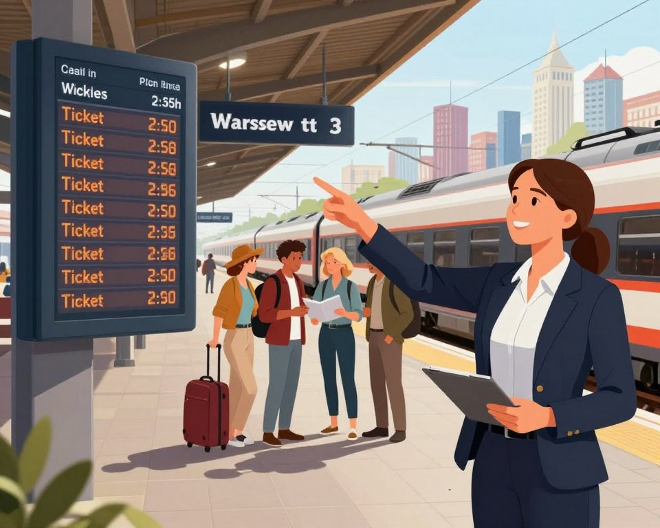 A visually engaging illustration depicting the ticket prices for traveling from Warsaw to Gdańsk. In the foreground, depict a dynamic train station scene with a digital display board showcasing various ticket prices for trains, cars, and flights. Include a travel agent with a friendly expression, dressed in professional business attire, pointing towards the display. In the middle ground, illustrate travelers of various ages and backgrounds discussing their plans, with luggage and travel gear. In the background, add images of a train leaving the station and a city skyline representing Gdańsk. The atmosphere should be bright and lively, with warm natural lighting, capturing the excitement of travel. Use a slight wide-angle lens to create a sense of depth and focus on the main elements.